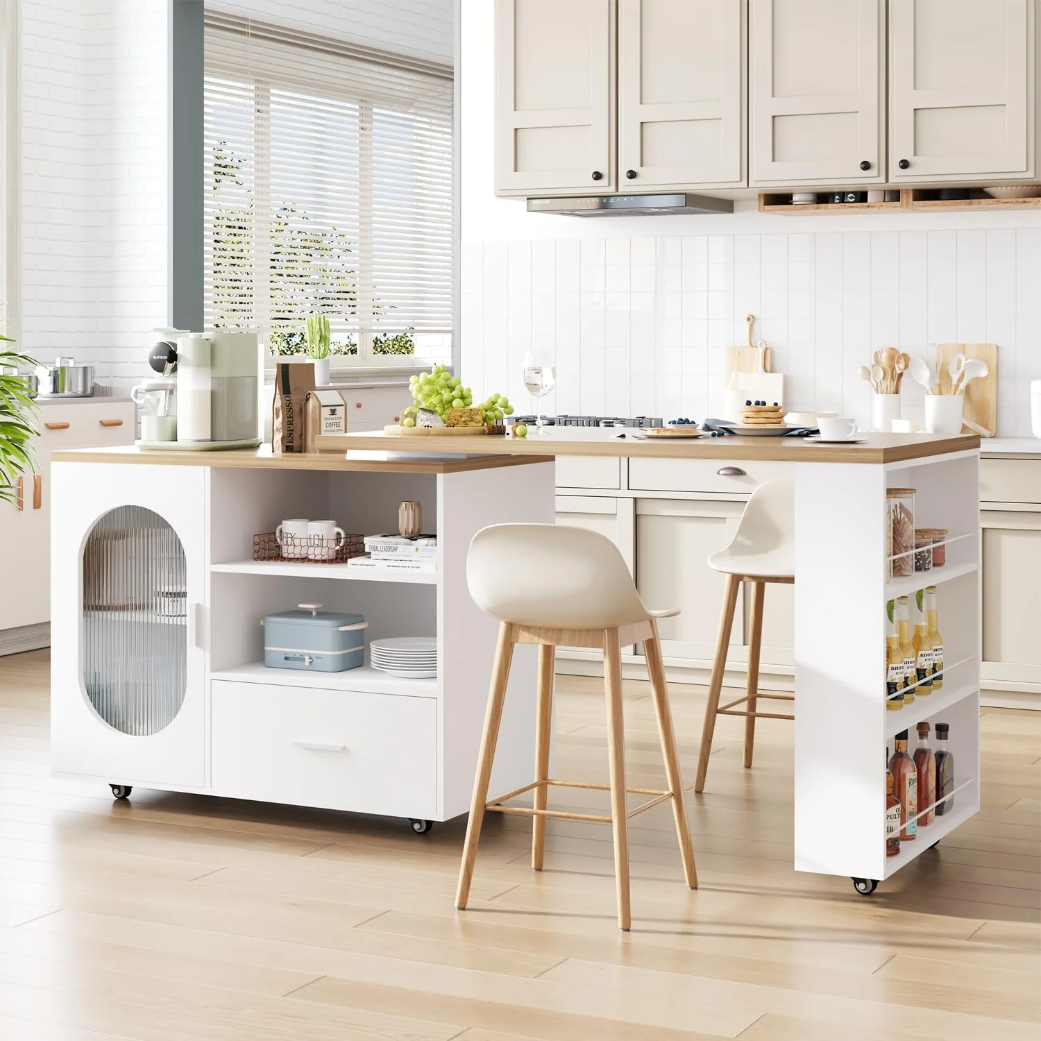 IBF Kücheninsel Freistehend mit Arbeitsplatte Auf 7 Rollen Küchenschrank Küchenwagen Moderne Mobile Kücheninsel Mit 360 Grad Drehbarer Holzplatte
