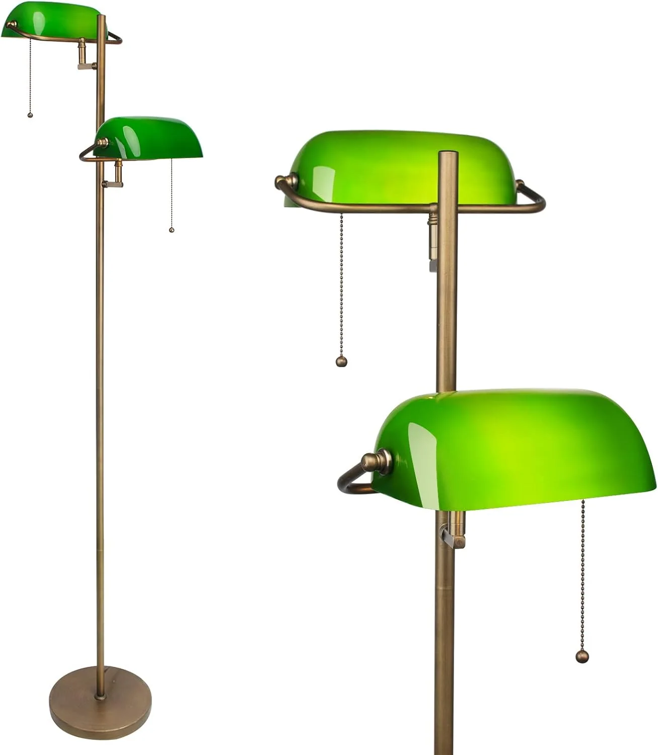 FIRVRE Stehlampe Schmal Vintage, Stehleuchte Gold mit Grüner Glaslampenschirm, Stehlampe Ecke mit Fußschalter für Wohnzimmer Büro Schlafzimmer