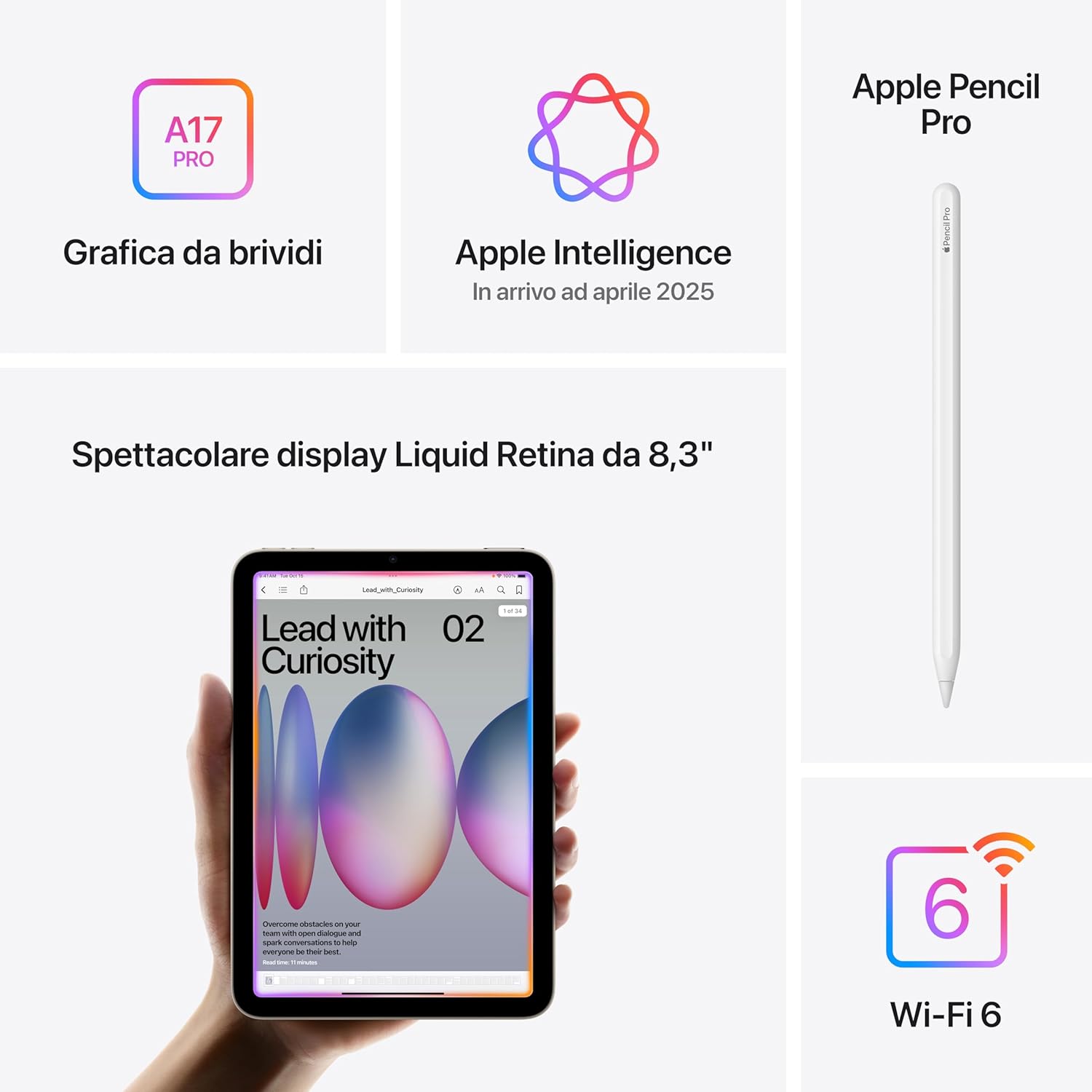 Apple iPad mini con chip A17 Pro: Progettato per Apple Intelligence, display Liquid Retina da 8,3'', 128GB, Wi Fi 6E, fotocamera da 12MP, un giorno intero di batteria – Grigio siderale