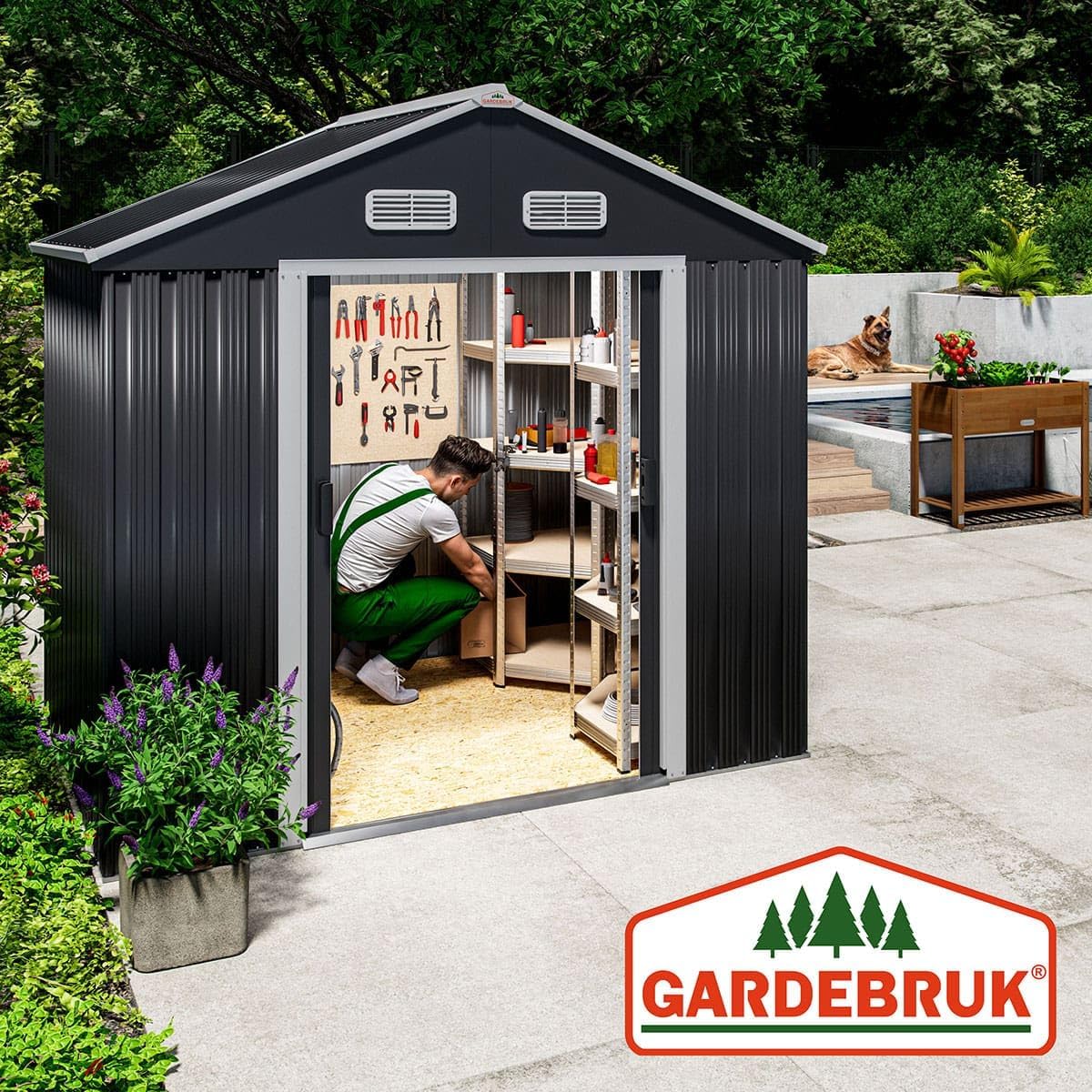 GARDEBRUK® XL Metall Gerätehaus 2m² mit Fundament 196x132x188cm Schiebetür Anthrazit Geräteschuppen Gartenhaus Schrank 4m³