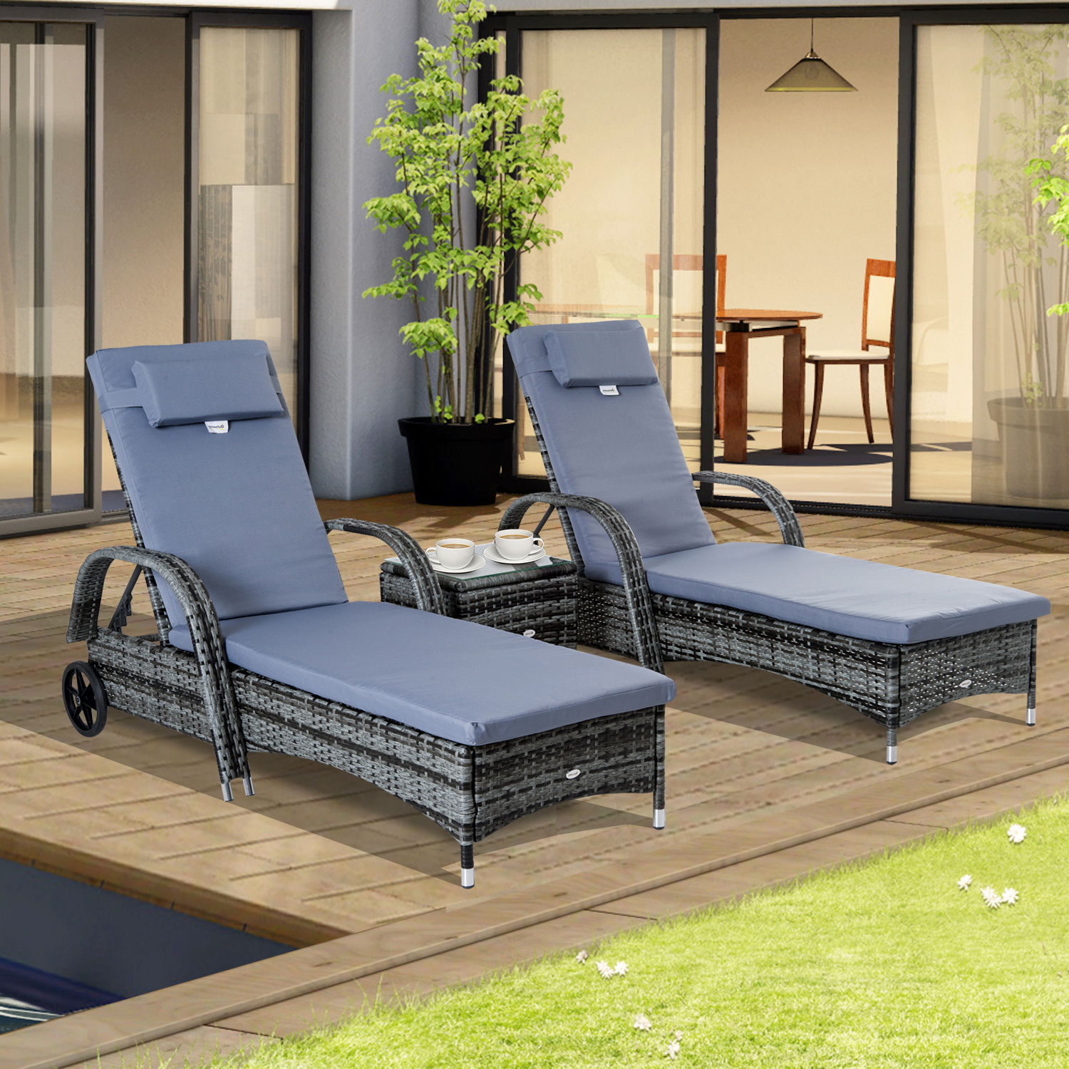 Outsunny Sonnenliege Gartenliege Tisch 3er-Set Gartenmöbel, Polyrattan+Metall Grau