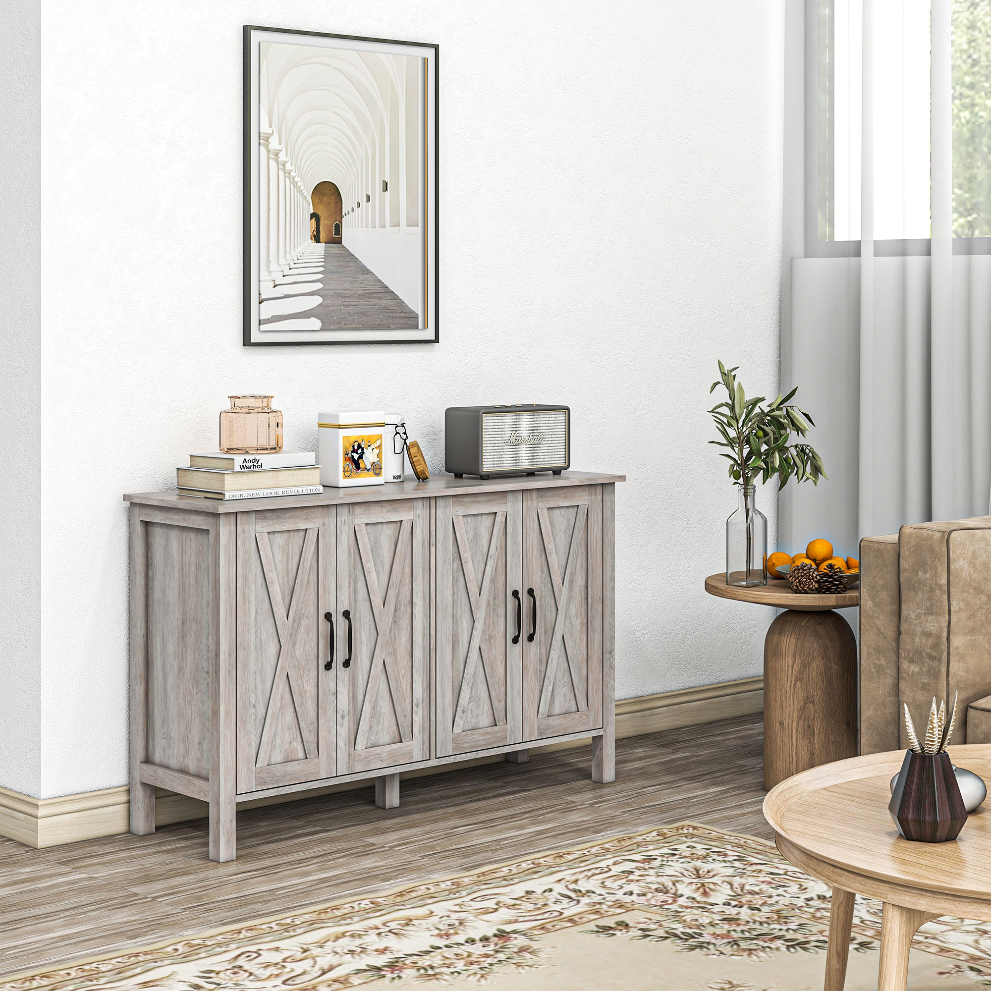 HOMCOM Rustikales Multifunktionsmöbel mit 4 verstellbaren Regalböden, aus Holz, 120x37x75 cm, Grau