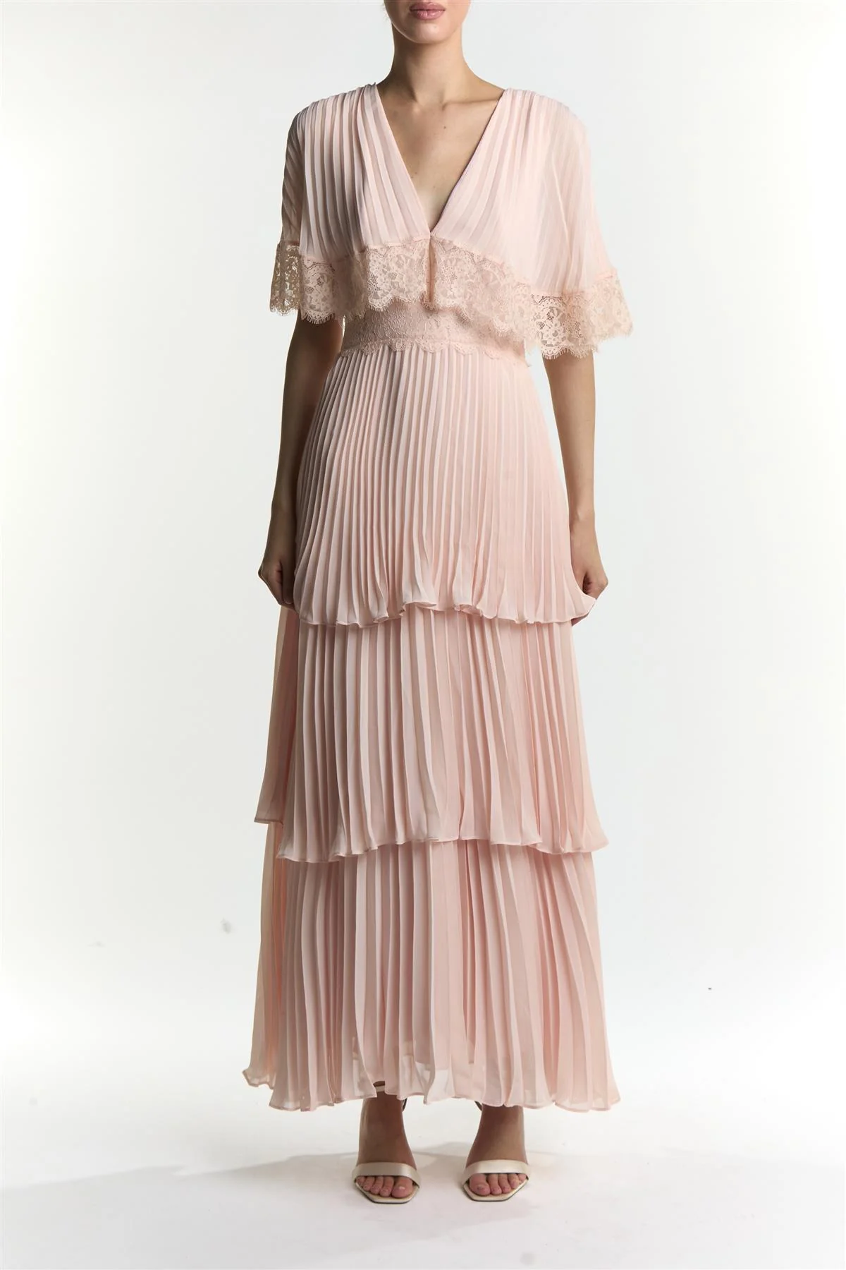 Soft Pink Julie Cape Sleeve Pleated Maxi-Dress