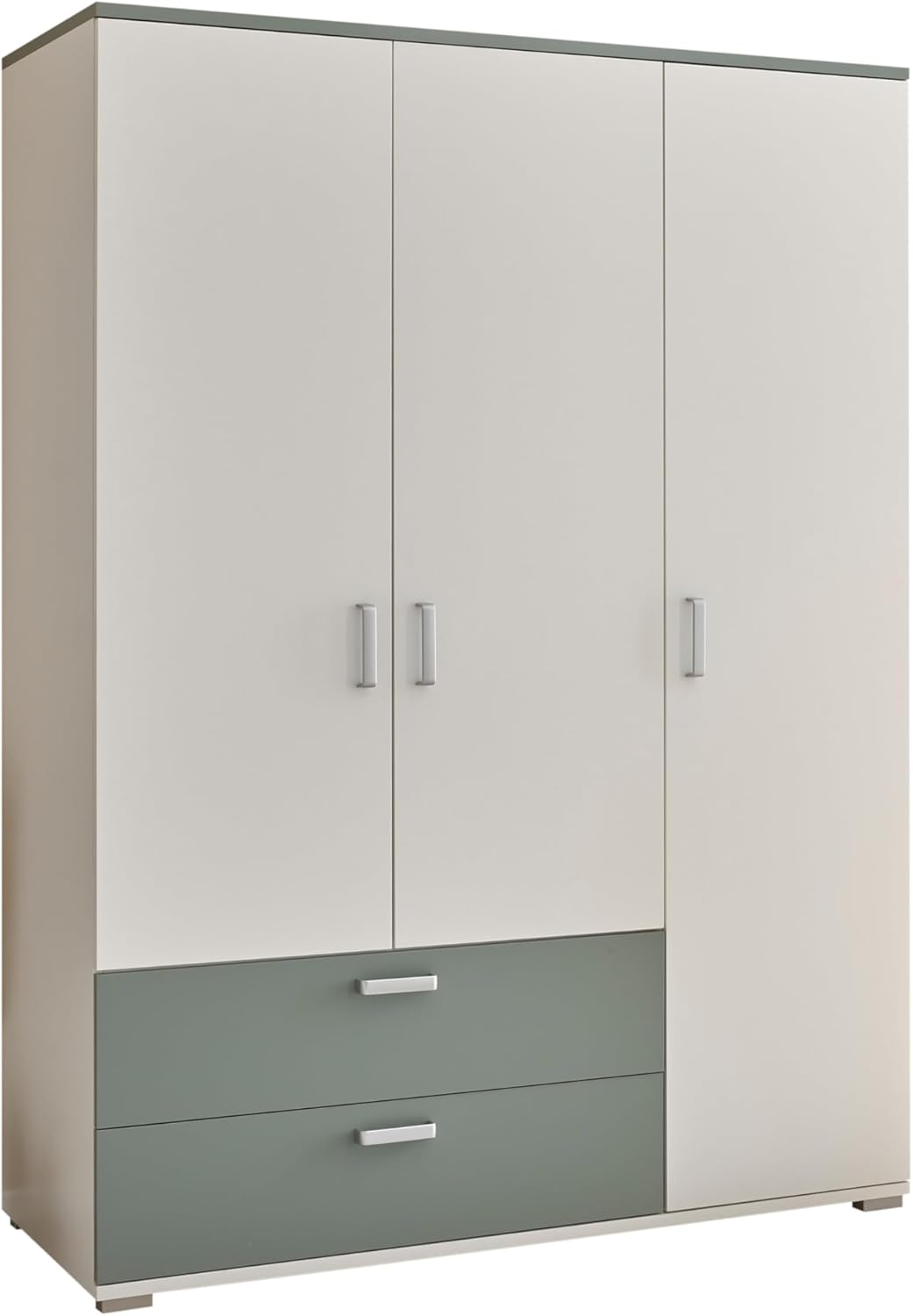 AVANTI TRENDSTORE - Barbania - Wardrobe with 3 hinged doors and 2 drawers, laminated wood. Available in Sage / White colour. Dimensions: approx. LAP 150 x 203 x 58 cm