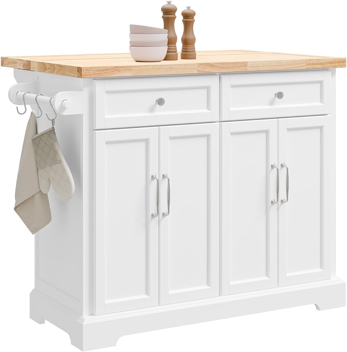 SoBuy Carrello Cucina con Ruote, Isola Cucina con Piano di Lavoro Estensibile, 2 Cassetti e Ripiani Regolabili Mobile Salvaspazio per Mobili da Cucina, Bianco 115 x (46-71) x 92 cm FKW71-II-WN
