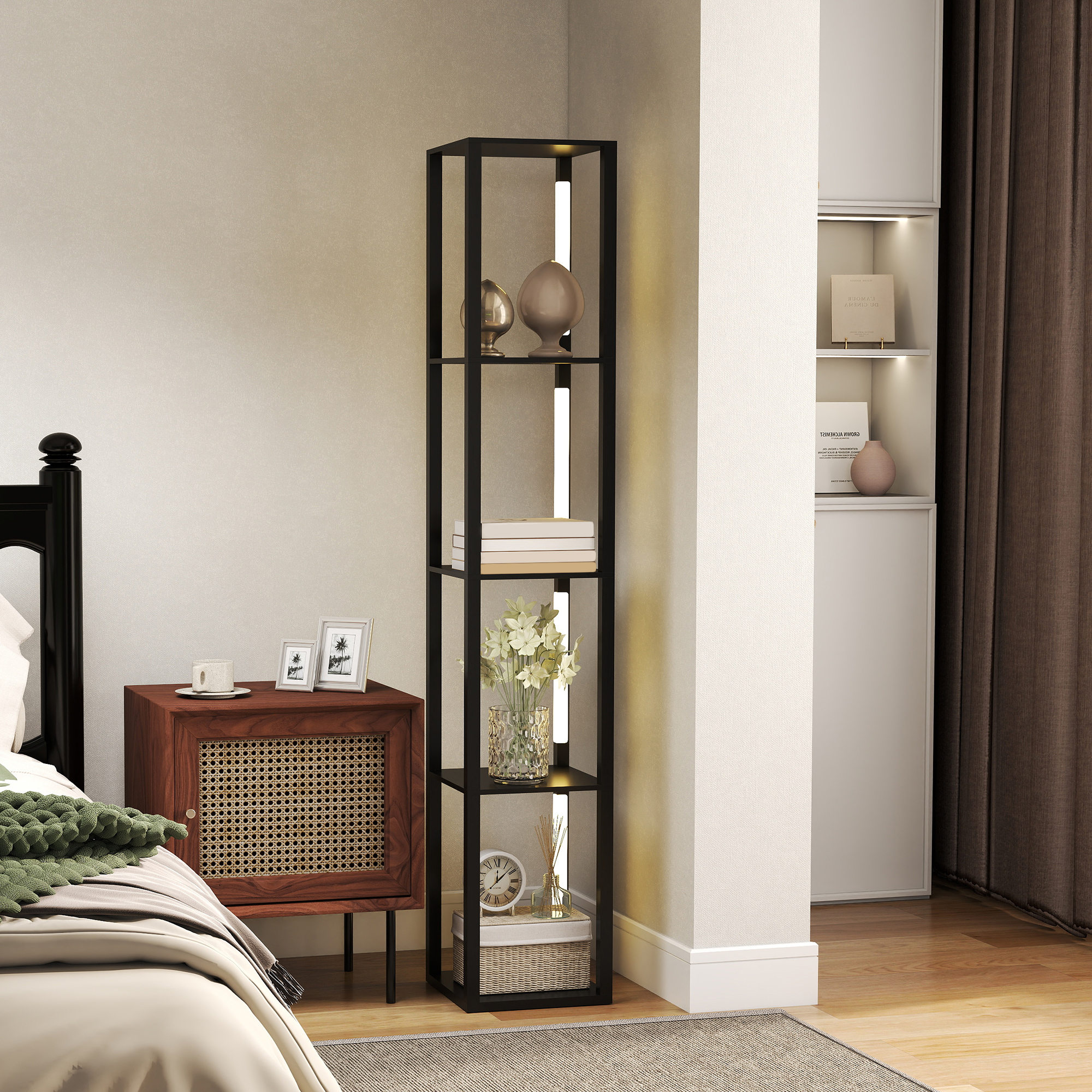 HOMCOM Stehlampe mit Regalen 4-stufig dimmbar LED Dimmer Fußschalter für Wohnzimmer Schlafzimmer Büro Schwarz