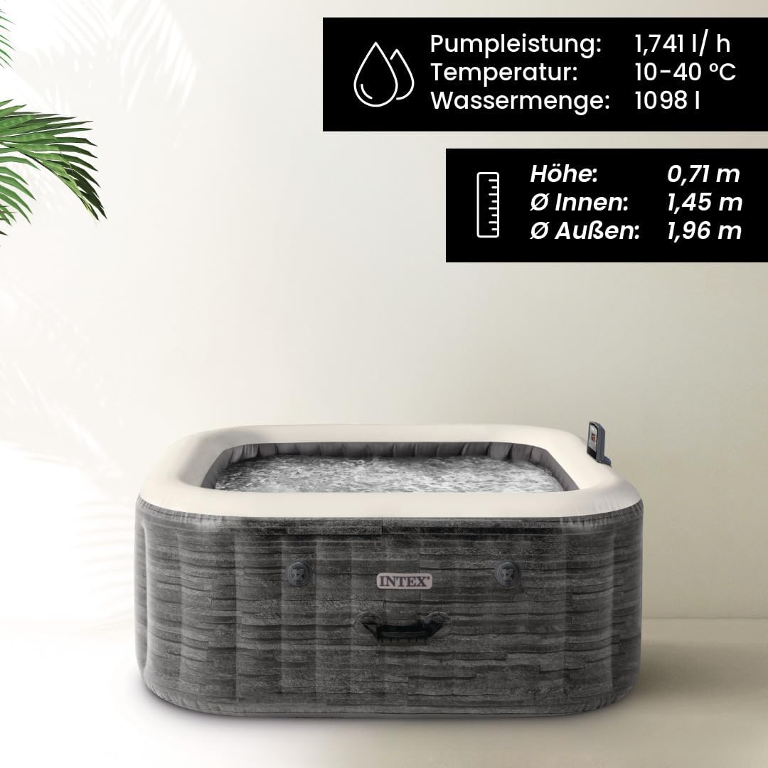 Intex 28452EX - PureSpa Vasca Idromassaggio Greystone Deluxe Quadrata, 6 posti, 170 Getti, Riscaldatore, PVC, Grigio, 195x195x71 cm