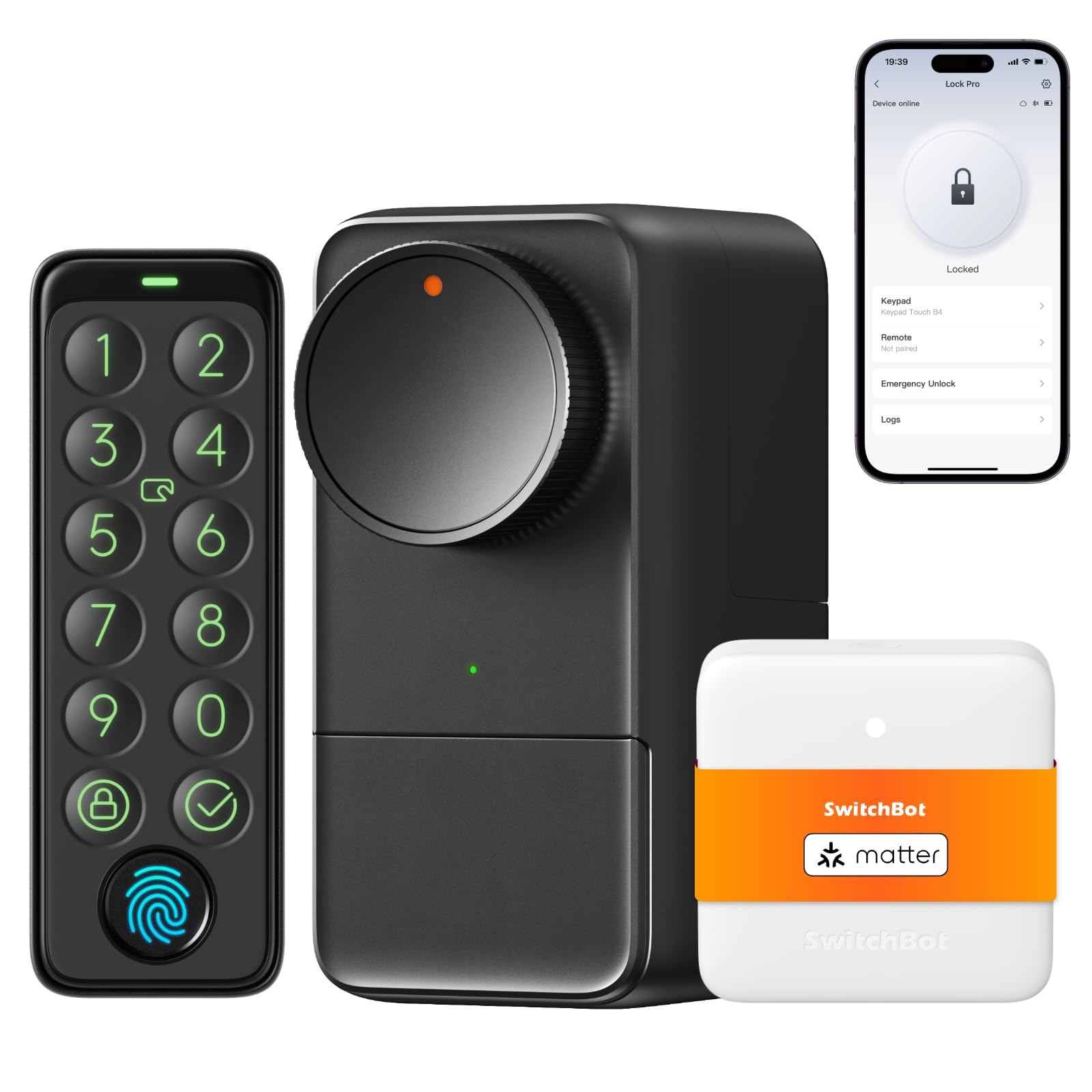 Smartes Türschloss mit Touchscreen-Tastatur und Fingerabdruck, WLAN Lock Pro, Entsperren per App, Code, Alexa, Google, Matter, inkl. Hub Mini und 4