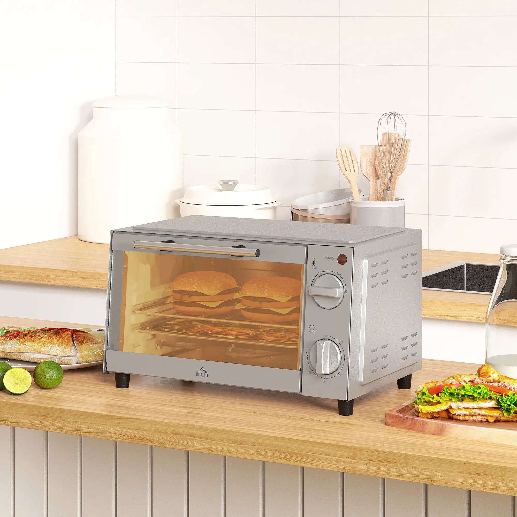 HOMCOM Mini-oven elektrisch met timer en kijkvenster RVS