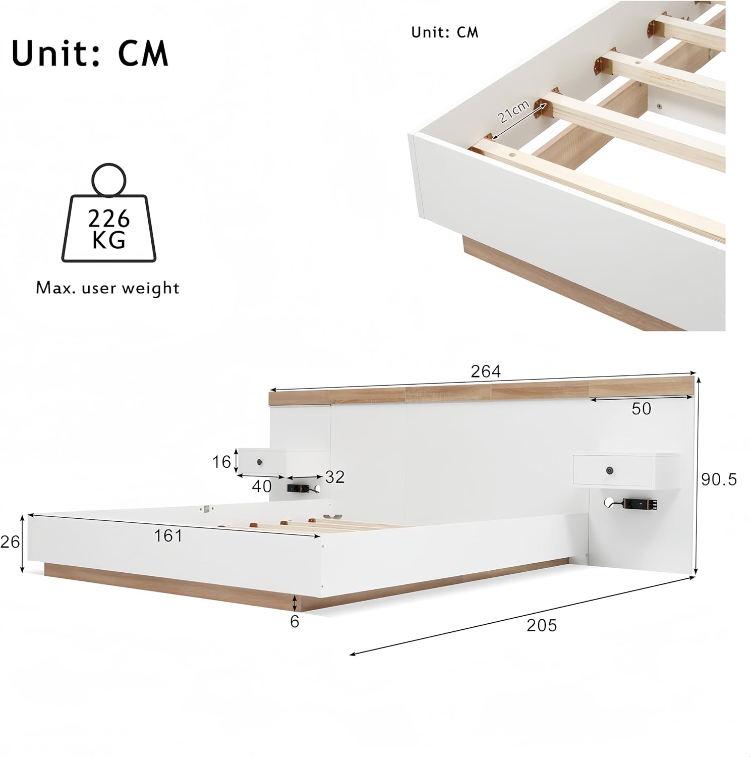 Bed 160 x 200 cm with Slats and Head, Trunk Bed with 2 LED Night Tables and USB Socket, 2 Person Storage Bed, Double Frame, White Oak Set (No Mattress)