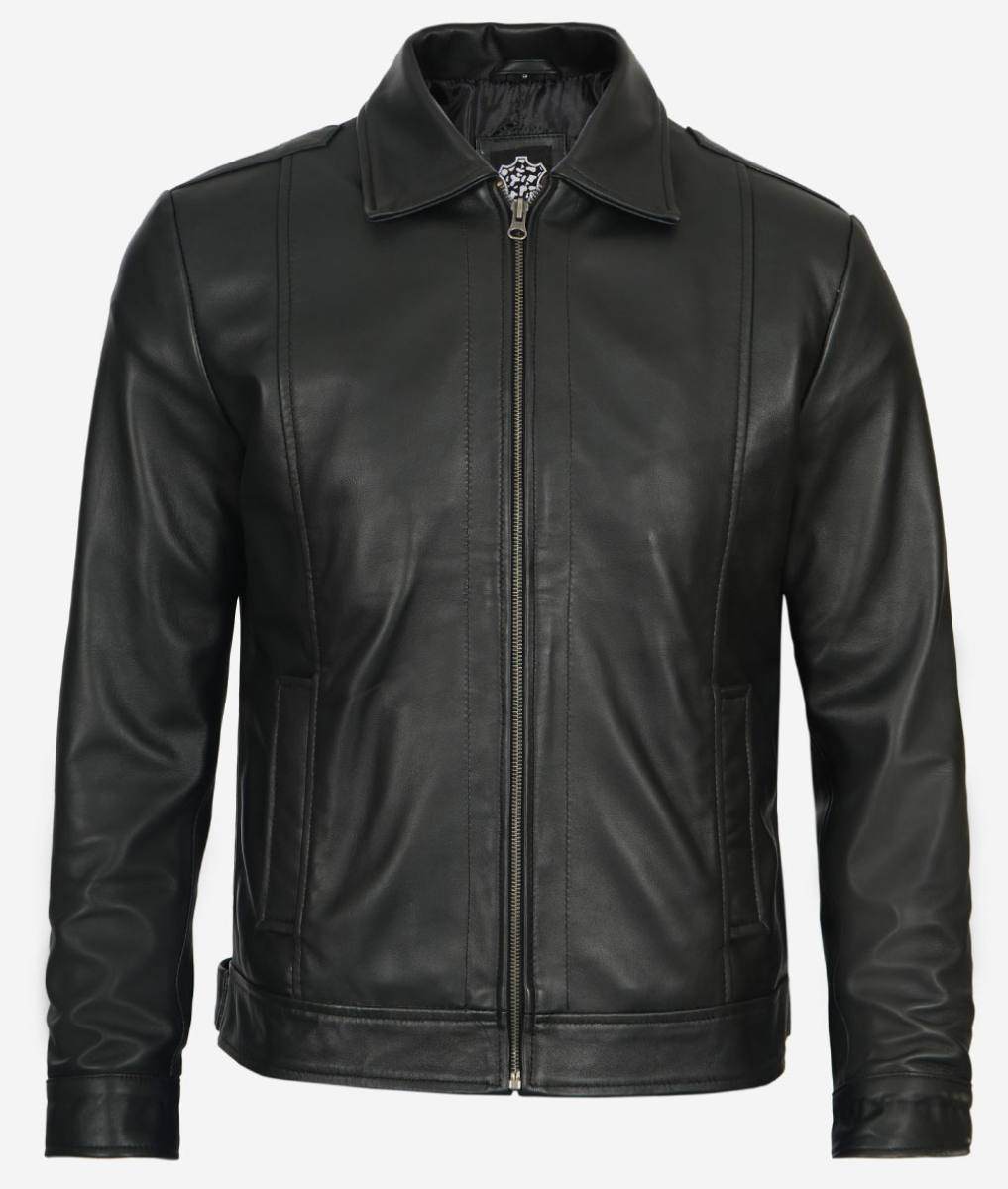 Mens Shirt Collar Vintage Black Leather Jacket