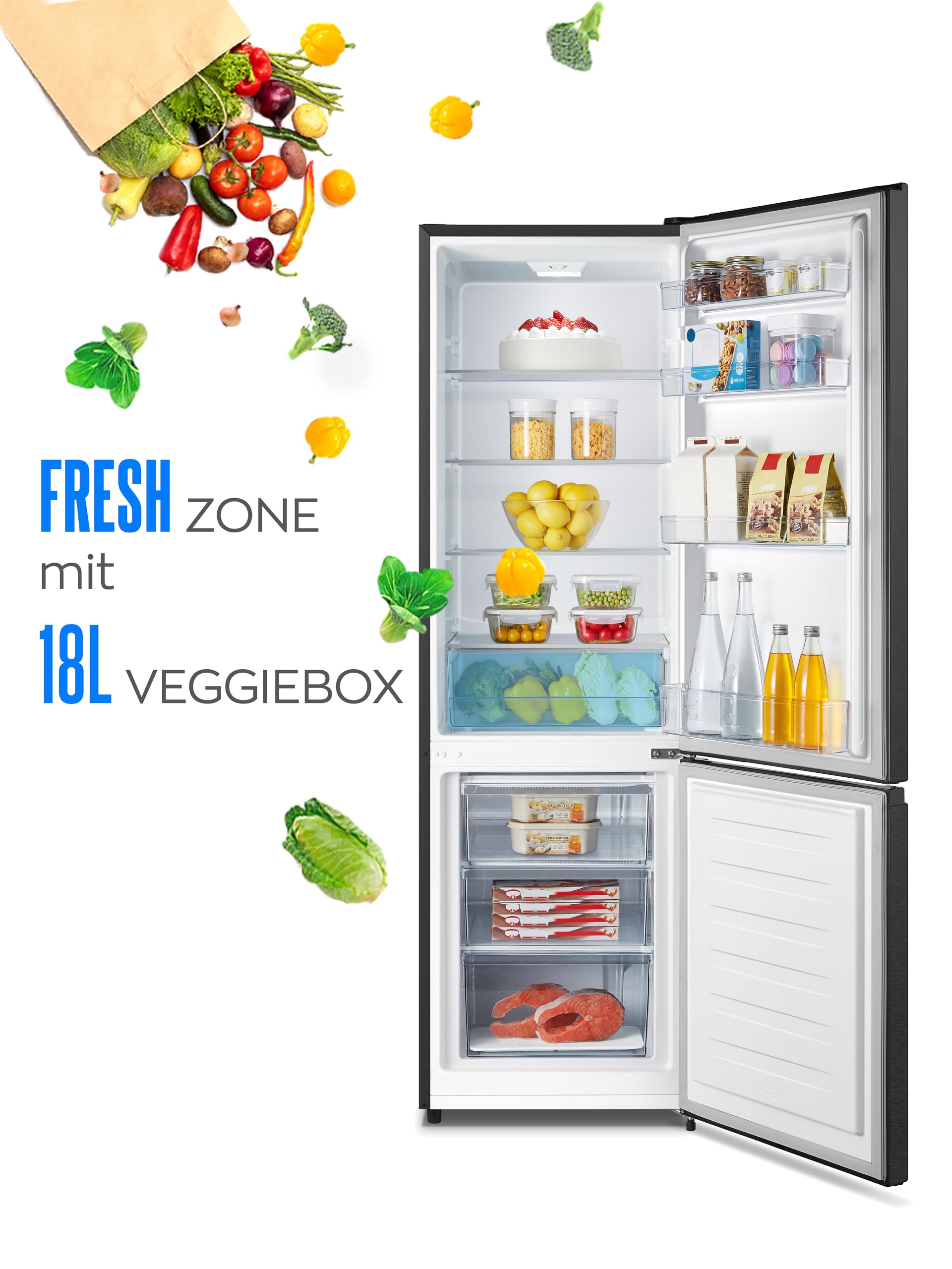 Kühlgefrierkombination 269 Liter 197 Liter Kühlvolumen 71 Liter Gefriervolumen Energieeffizienzklasse E 39 dB LED-Beleuchtung 180 x 55 x 55,8 cm