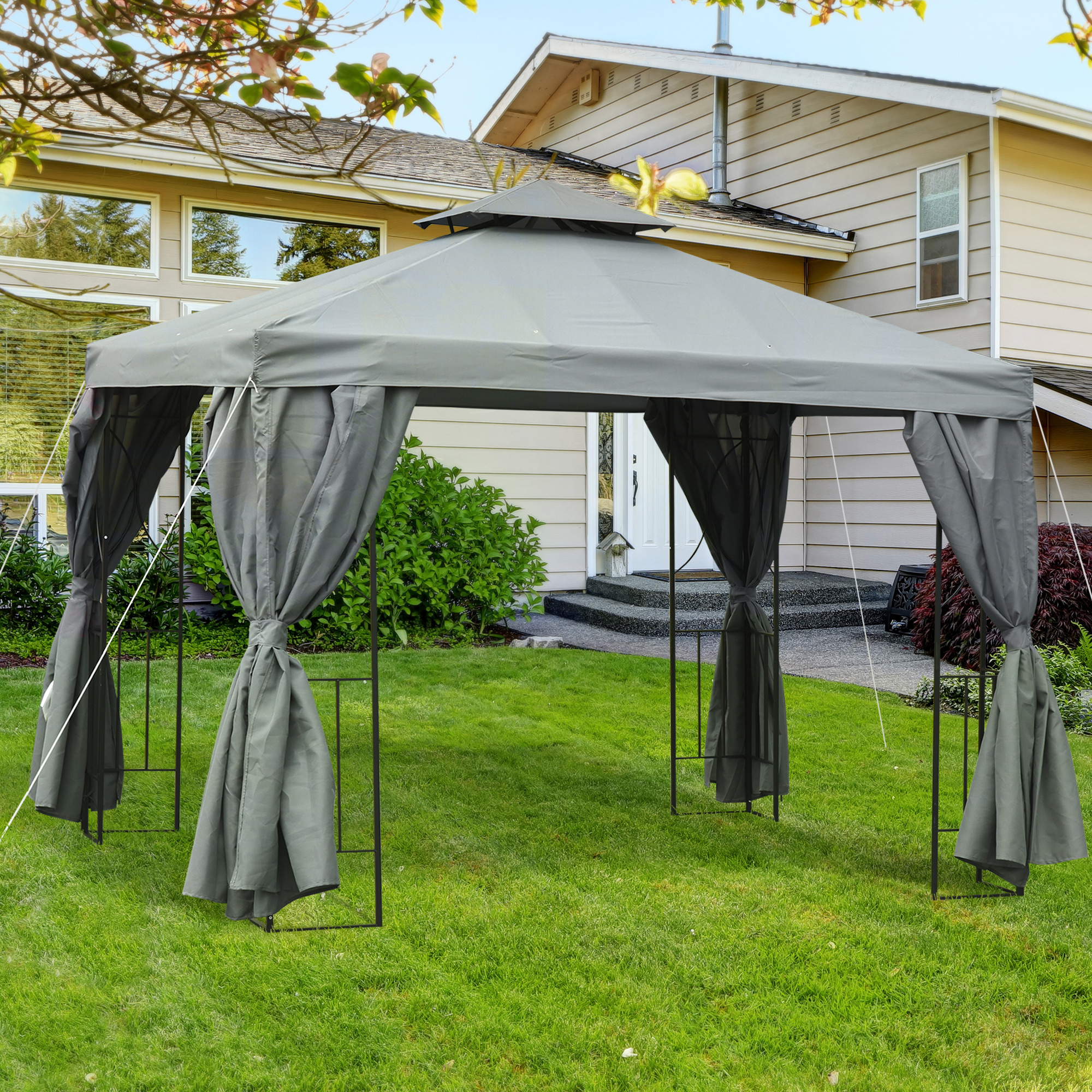 Outsunny Gartenpavillon Pavillon 2,95 x 2,95 m Doppeldach Partyzelt Festzelt 4 x Doppel-Seitenteile wasserdicht UV-Schutz Metall Polyester Dunkelgrau