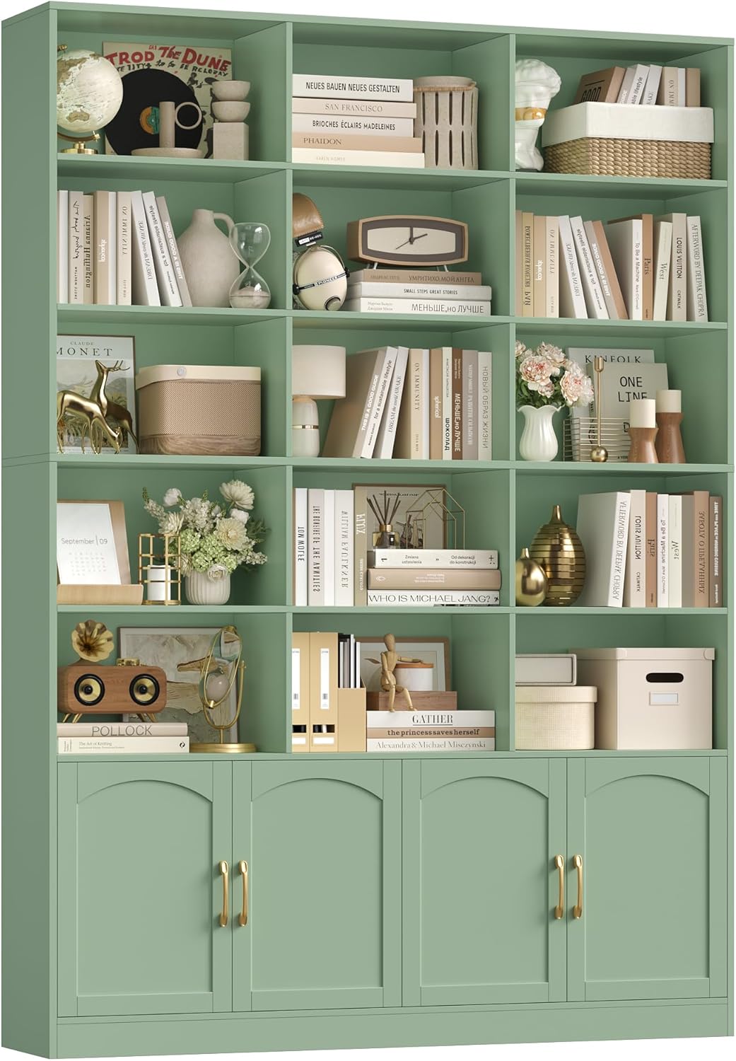 FirFurd 209 cm Libreria Verticale, Libreria da Parete con 15 Scomparti Aperti, Scaffale Portaoggetti in Legno a 4 Ante, Vetrinetta Soggiorno, per Studio, Ufficio, Soggiorno, 150x23.7x209cm (Verde)