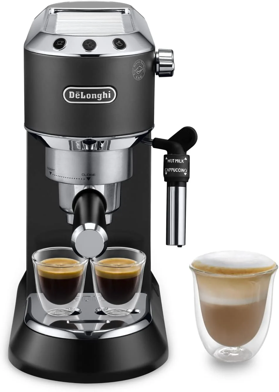 De'Longhi Dedica Style EC 685.M �C Espresso Siebtrgermaschine, Espressomaschine mit professionellem Milchaufschumer, nur 15 cm breit, f��r Kaffeepulver oder ESE Pads, 1 l Wassertank, silber