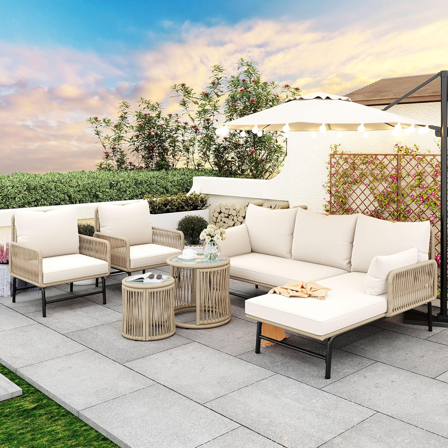 Garden Furniture Set with Two Armchairs, Two Seater Sofas and Two Tables, L-Shaped Conversation Set with Cushions, Iron Frame and Beige Rope, Outdoor Living Room for 5 People