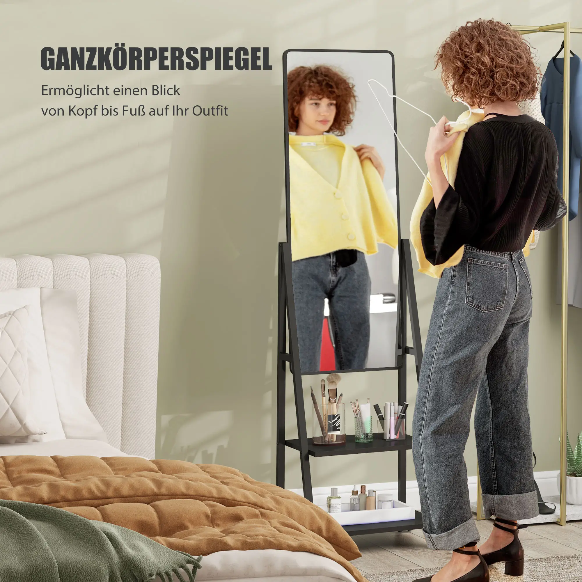 HOMCOM Standspiegel Ganzkörperspiegel mit Ablage und Rollen