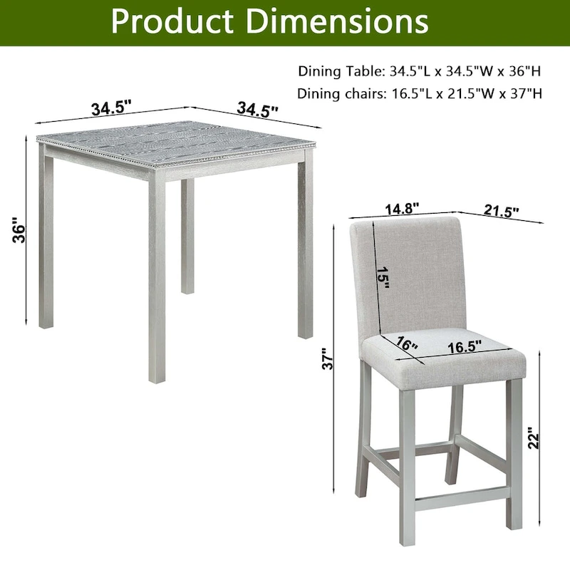 Modern 5-Piece Dining Set with Square Counter Height Table & 4 Upholstered Chairs