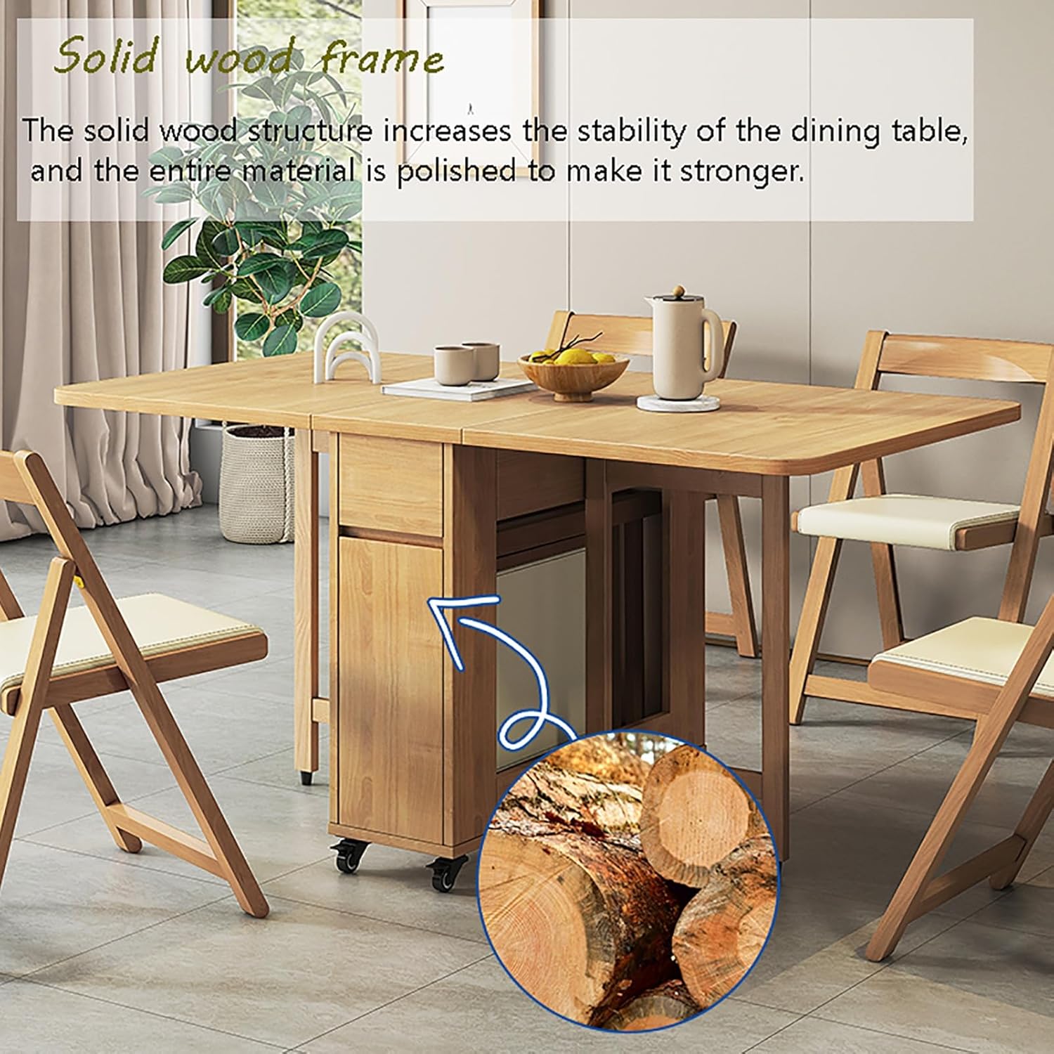 Tavolo da pranzo pieghevole in legno allungabile con 4 sedie, design a foglia di 140 cm, per cucina, sala da pranzo, soggiorno, ristorante, salvaspazio, elegante e versatile