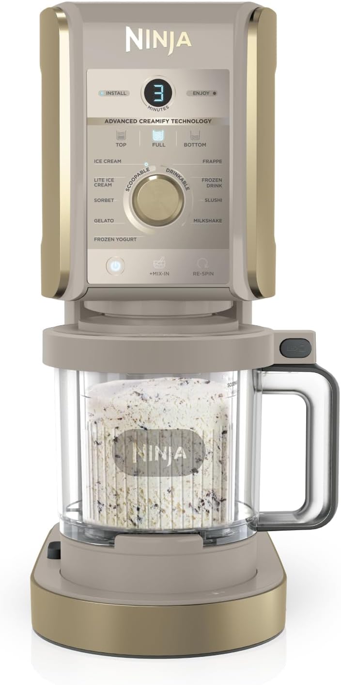 Ninja CREAMi Deluxe Eismaschine mit 2 Behältern, 10 Funktionen, Dessert & Ice Cream Maker für Eiscreme, Sorbet, Frozen Joghurt, Milchshakes, Slushi, 2-in-1 Geschmacksoption, Stone Gold, NC502EUSTGD