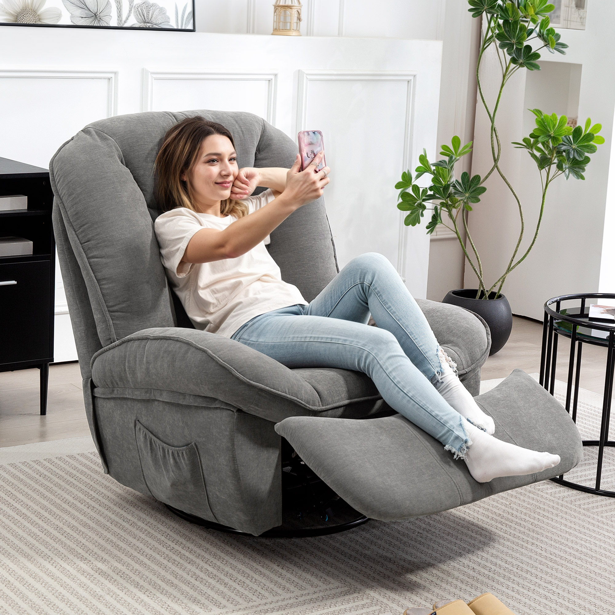 HOMCOM Relaxsessel, Fernsehsessel mit Liegefunktion, Schaukelfunktion, Drehbarer TV-Sessel mit Fußstütze, Grau