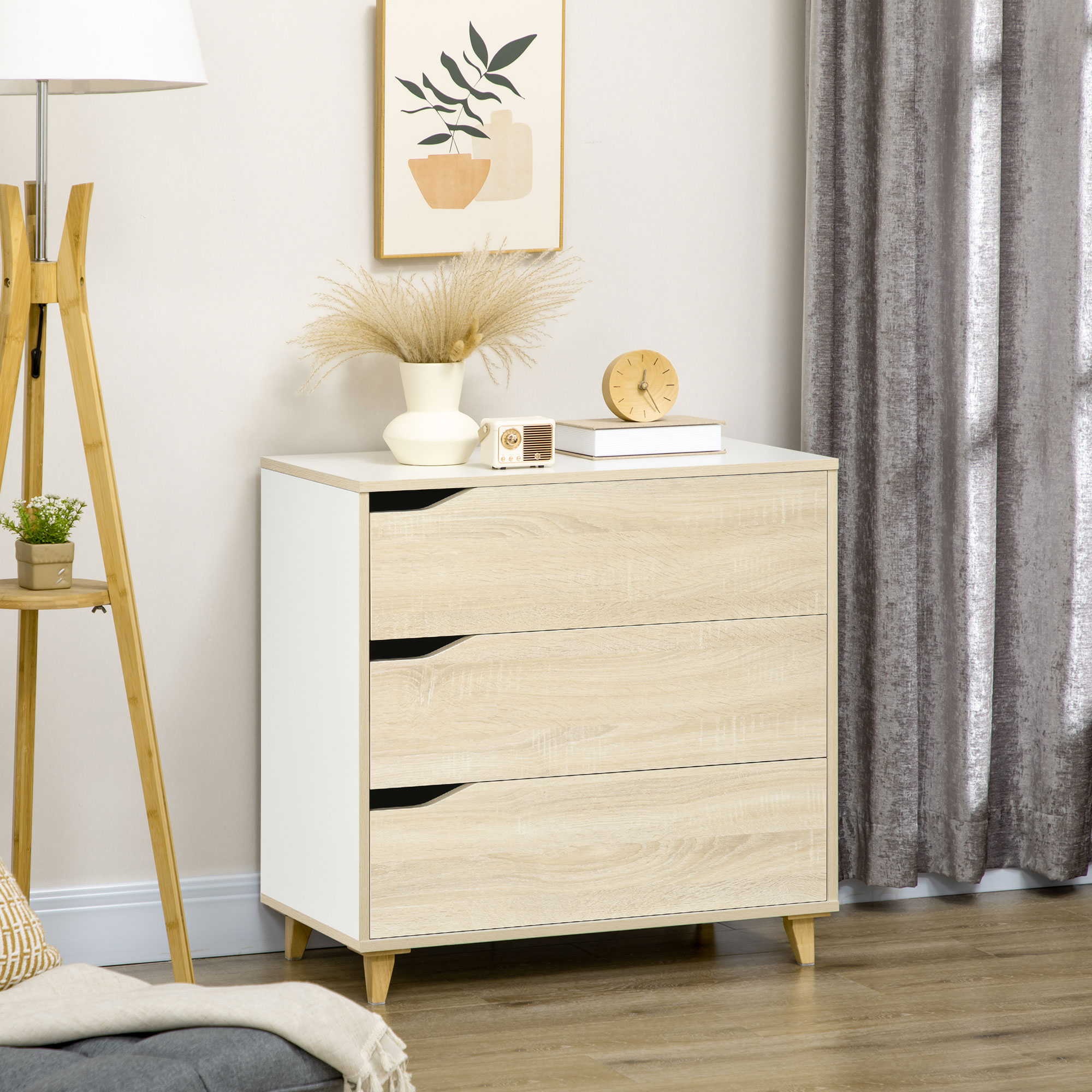 HOMCOM Kommode mit 3 Schubladen Aufbewahrungsschrank Zweifarbig Weiß und Holz-Optik - 75 x 42 x 75 cm