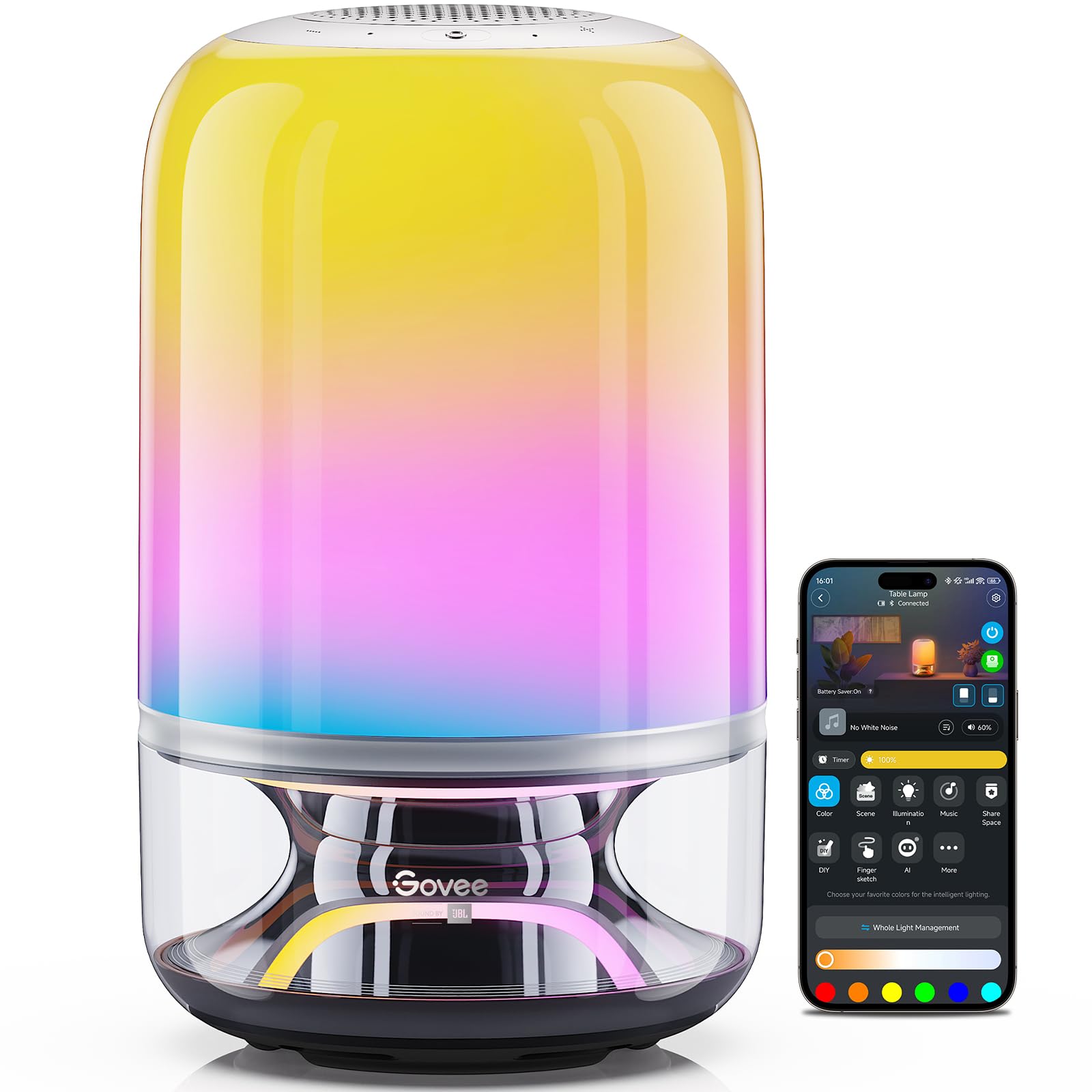 LED Tischlampe mit Lautsprecher RGBIC 600 lm 2700-6500 K 5200 mAh Akku USB-C 16 Musikmodi App-Steuerung