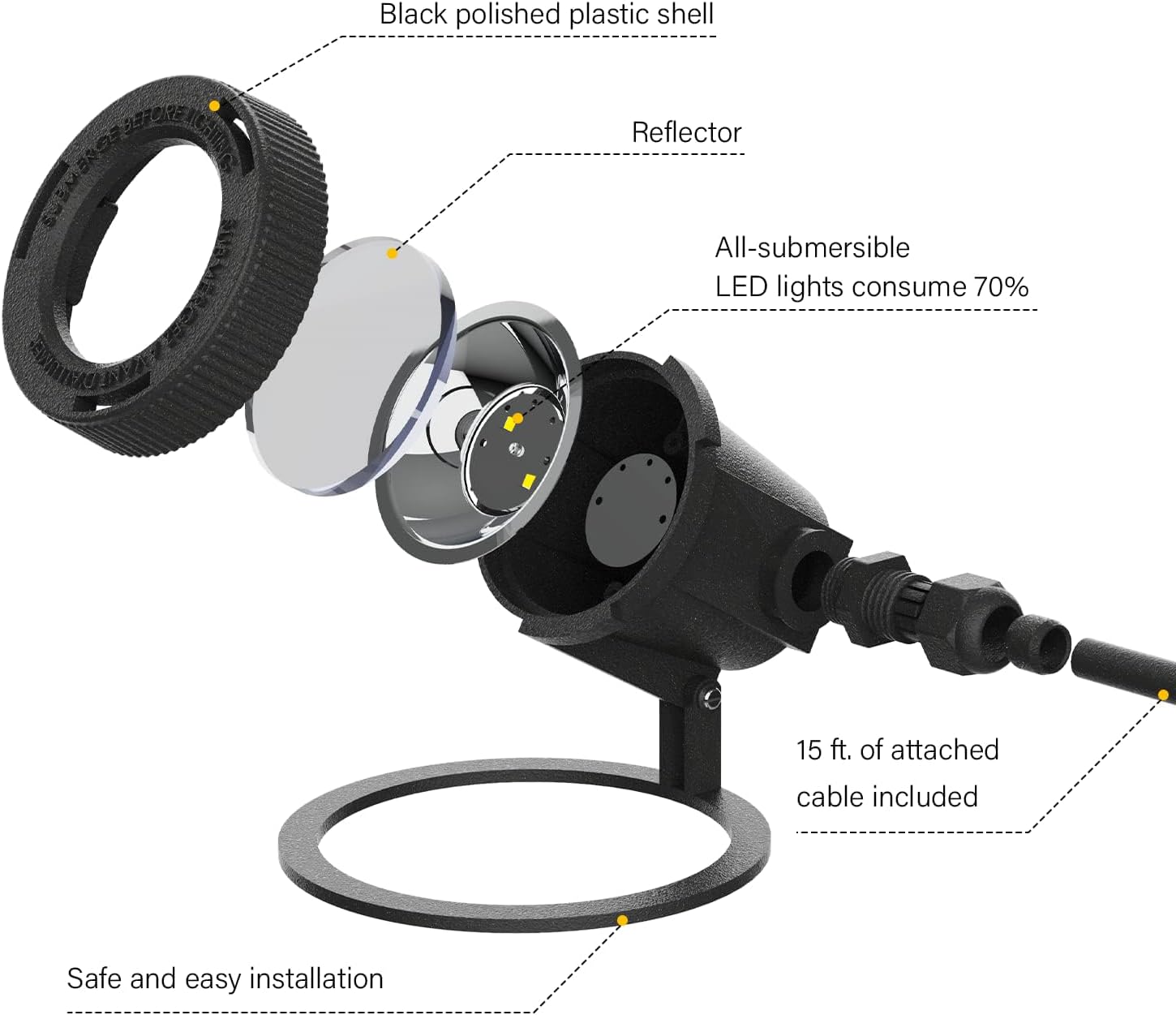 VENUS MANUFACTURING 2 Stück Niedervolt-LED-Teichlicht 135 Lumen 12 V Unterwasser tauchfähig 2900 K warmweiße Lichter Schwarz Wasserfall Pool Brunnen Licht für Haus Pool Garten Landschaft Beleuchtung