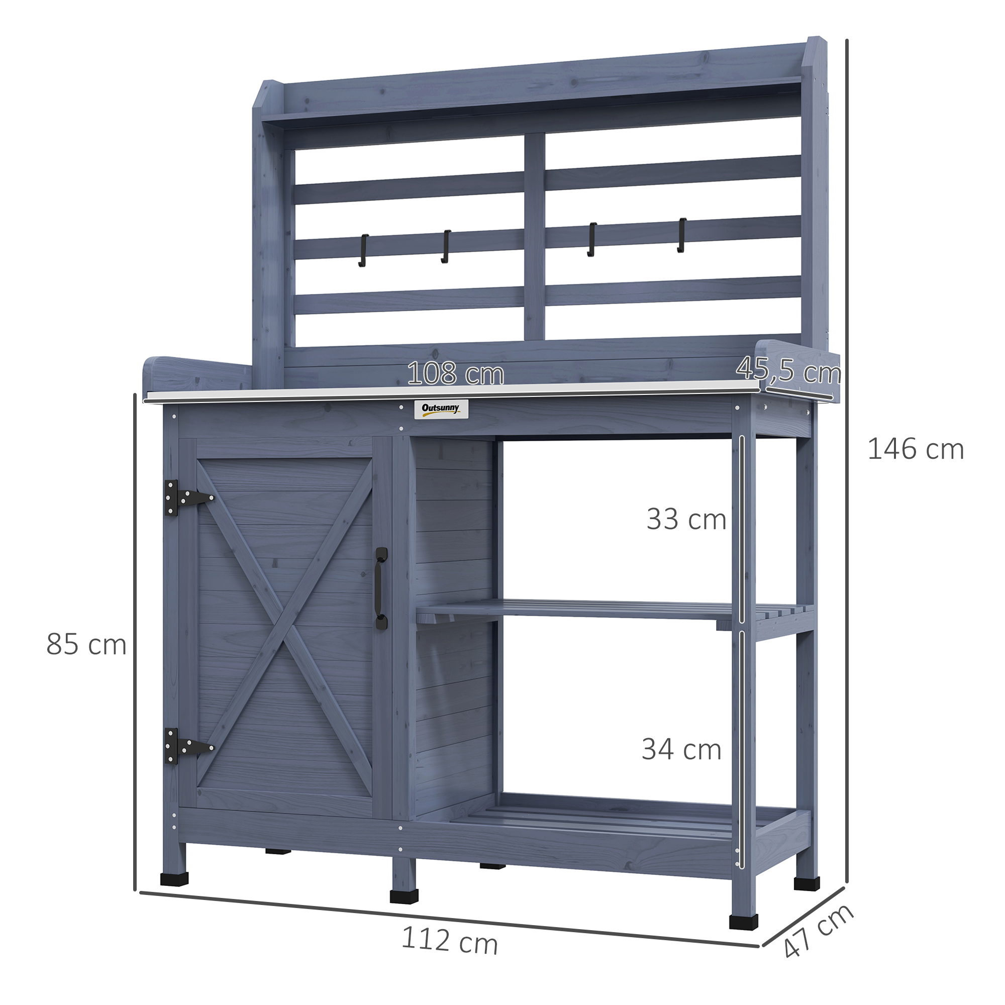 Outsunny Tuinset met opbergkast, aluminium werkblad, opbergruimte, 112x47x146cm, Grijs