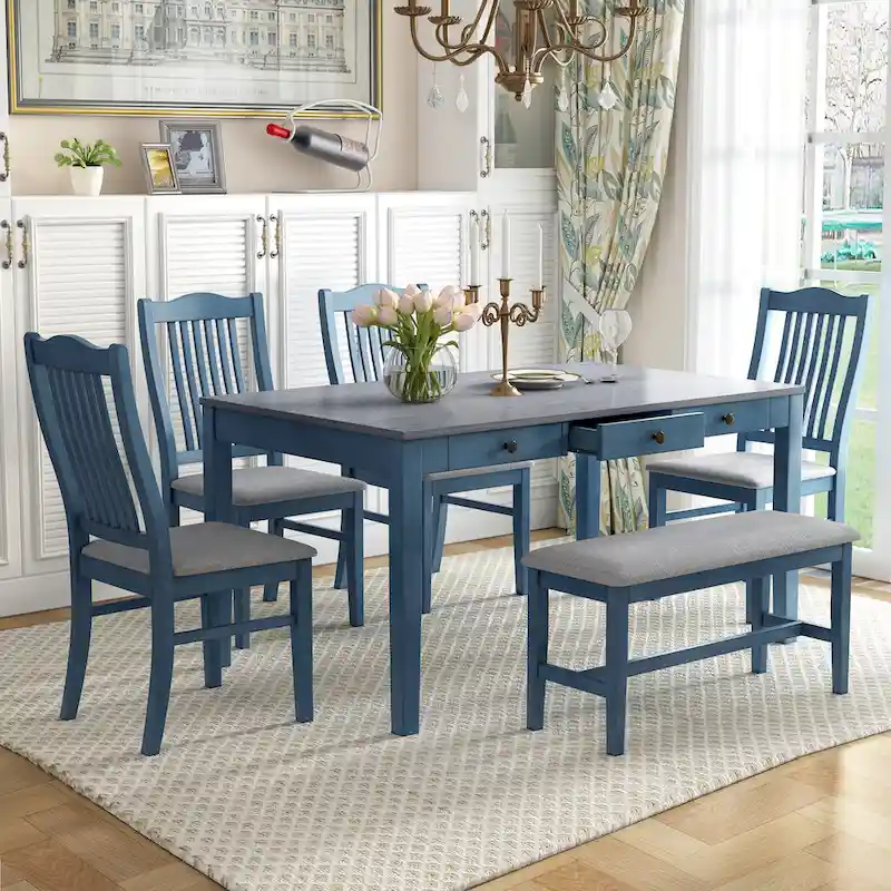 6-Piece Wooden Dining Table Set with 4 Chairs & Bench, Table with Drawer