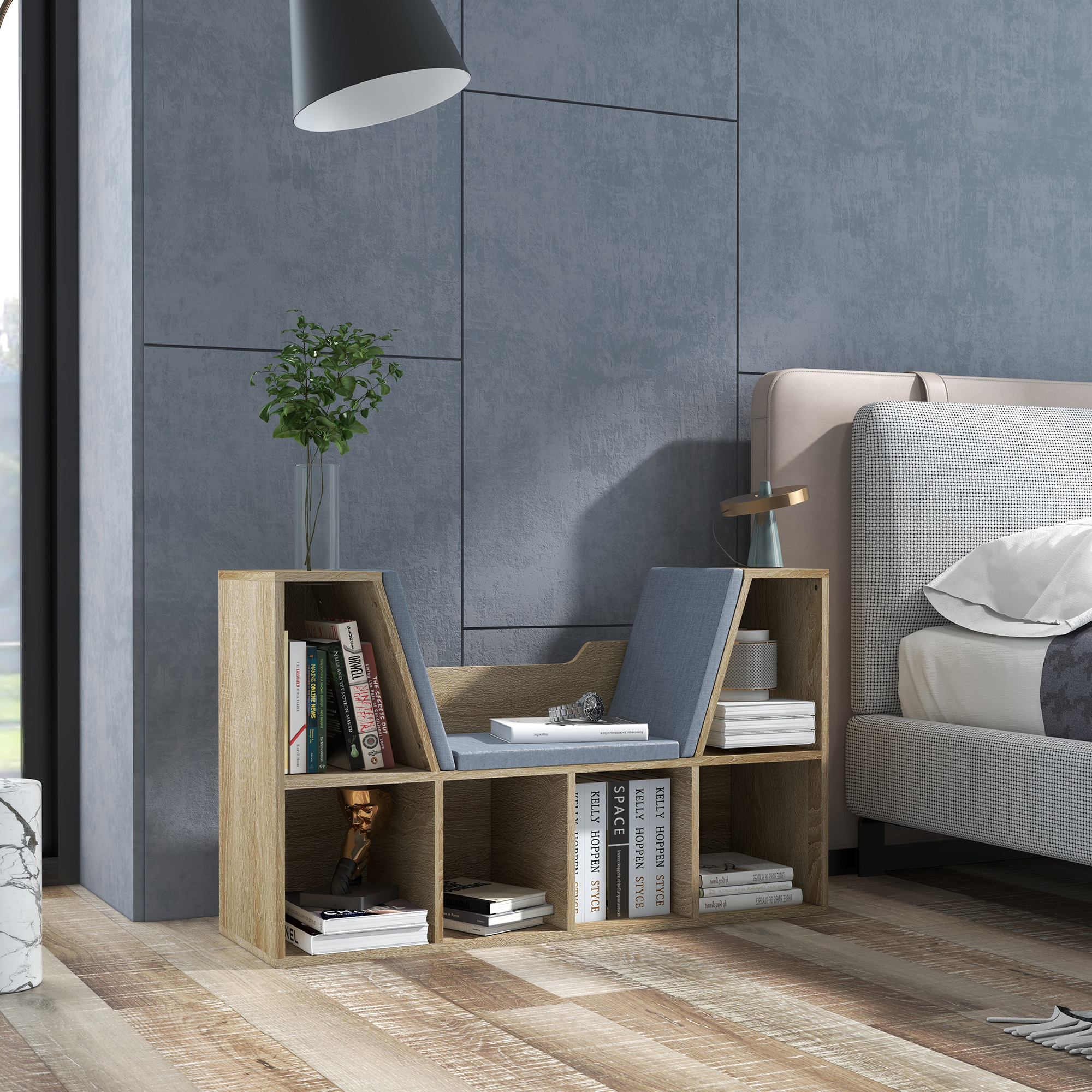HOMCOM Bücherregal Bank 2-in-1 Design zeitgenössisch 6 Fächer 3 Kissen enthalten 102L x 30B x 61H cm Eiche Grau