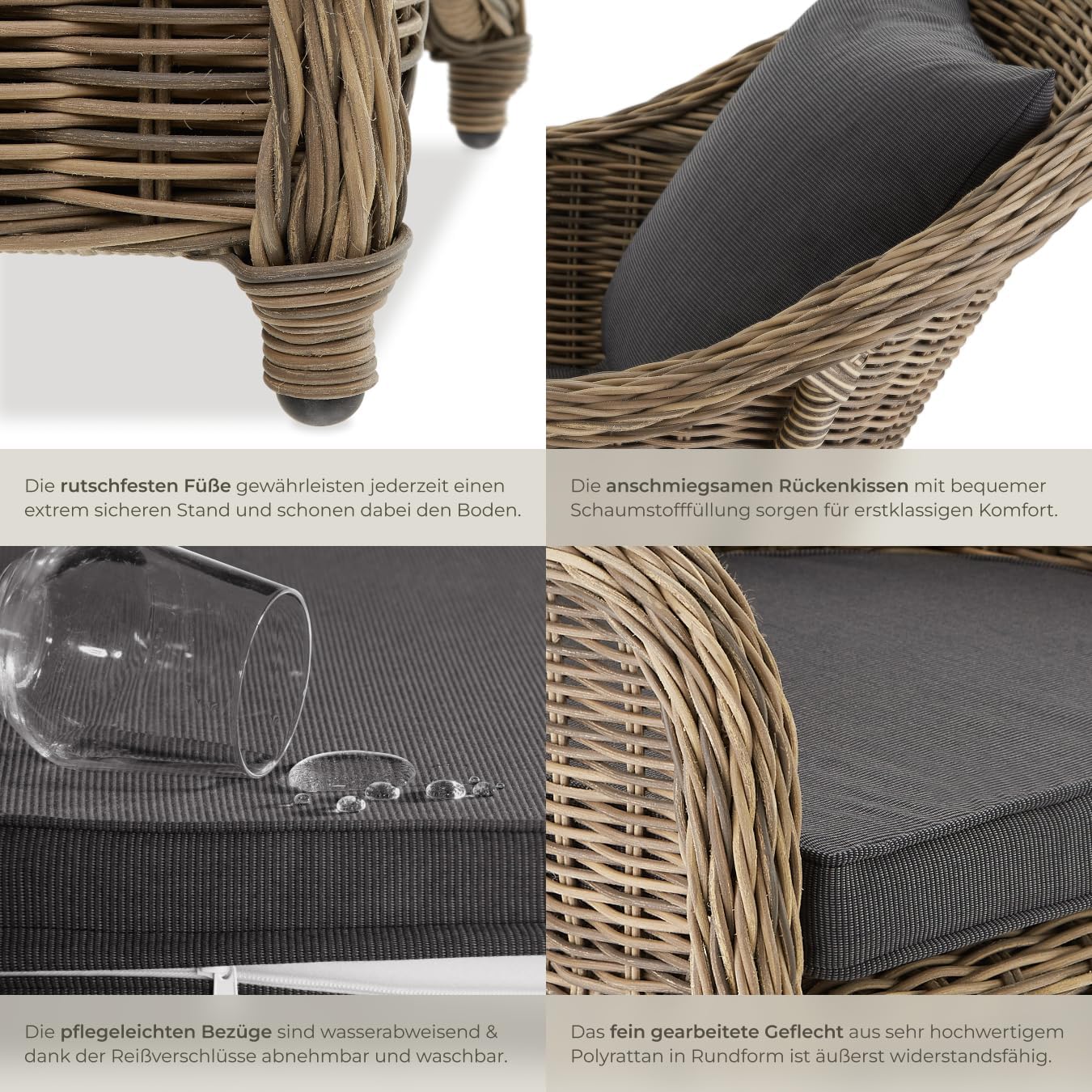 tectake® Alu Polyrattan Gartenstuhl 2er Set, Gartenmöbel Set mit 2 Sessel, wetterfest, Rattan Gartensessel mit weichen Sitzpolster, abziehbarer und waschbarer Bezug, stabil und bodenschonend - Natur