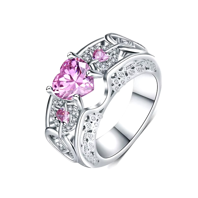 925 Sterling Silver Pink Heart Design Shining CZ Crystal Ring