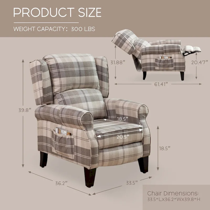 Manual Pushback Recliner Adjustable Accent Chair Wingback Armchair Set of 2