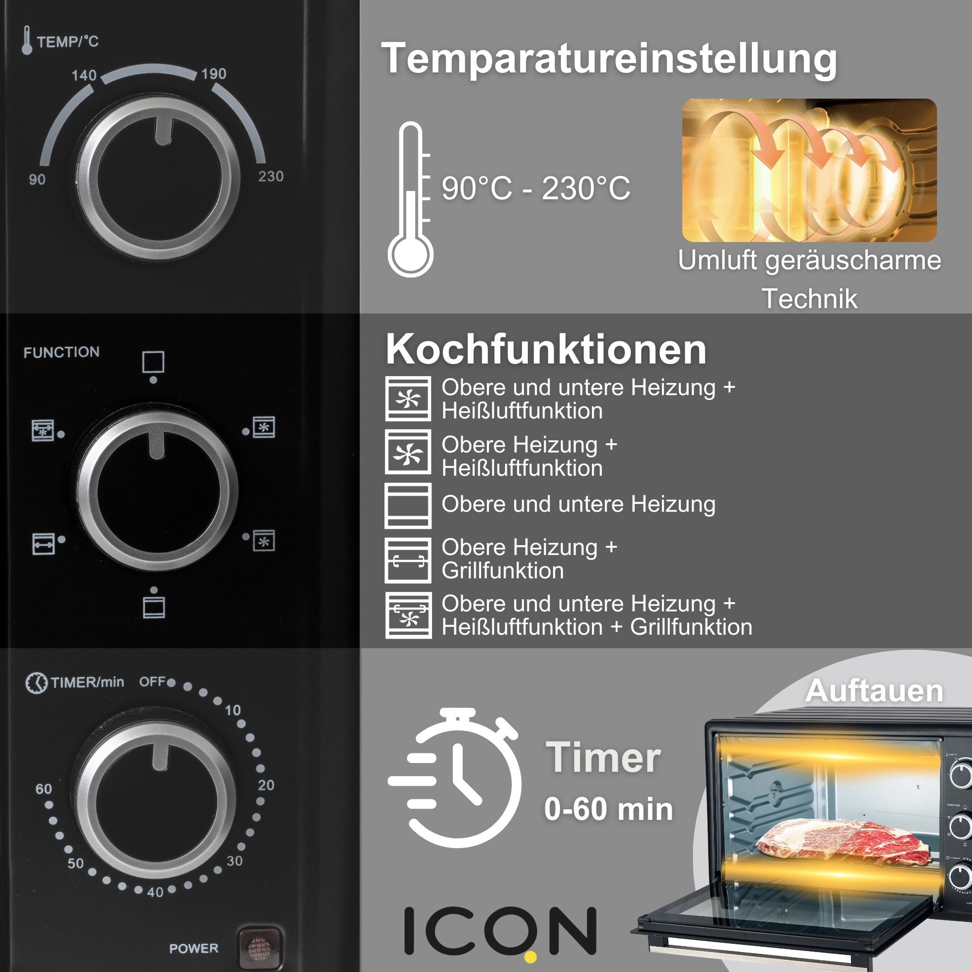 Minibackofen 50L mit Umluft, 1800 W, Drehspieß, Innenbeleuchtung