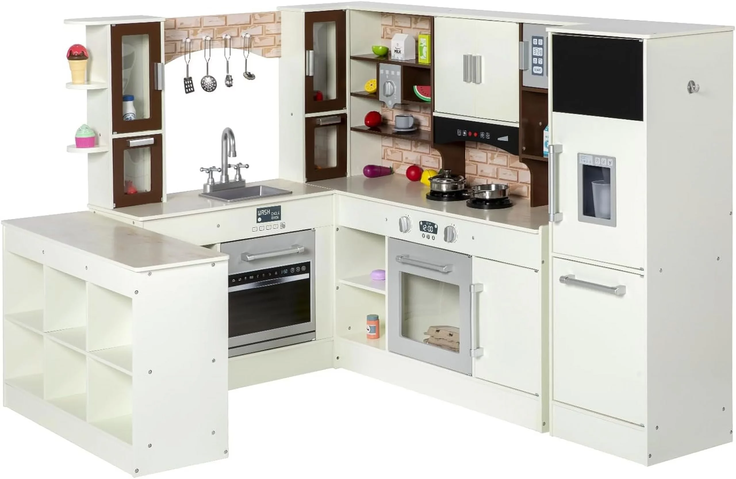BRINJOY Kids Modular Wooden Kitchen Playset with Light & Sound, Corner Kitchen, Fridge & Storage &ndash; Perfect Gift for Toddlers