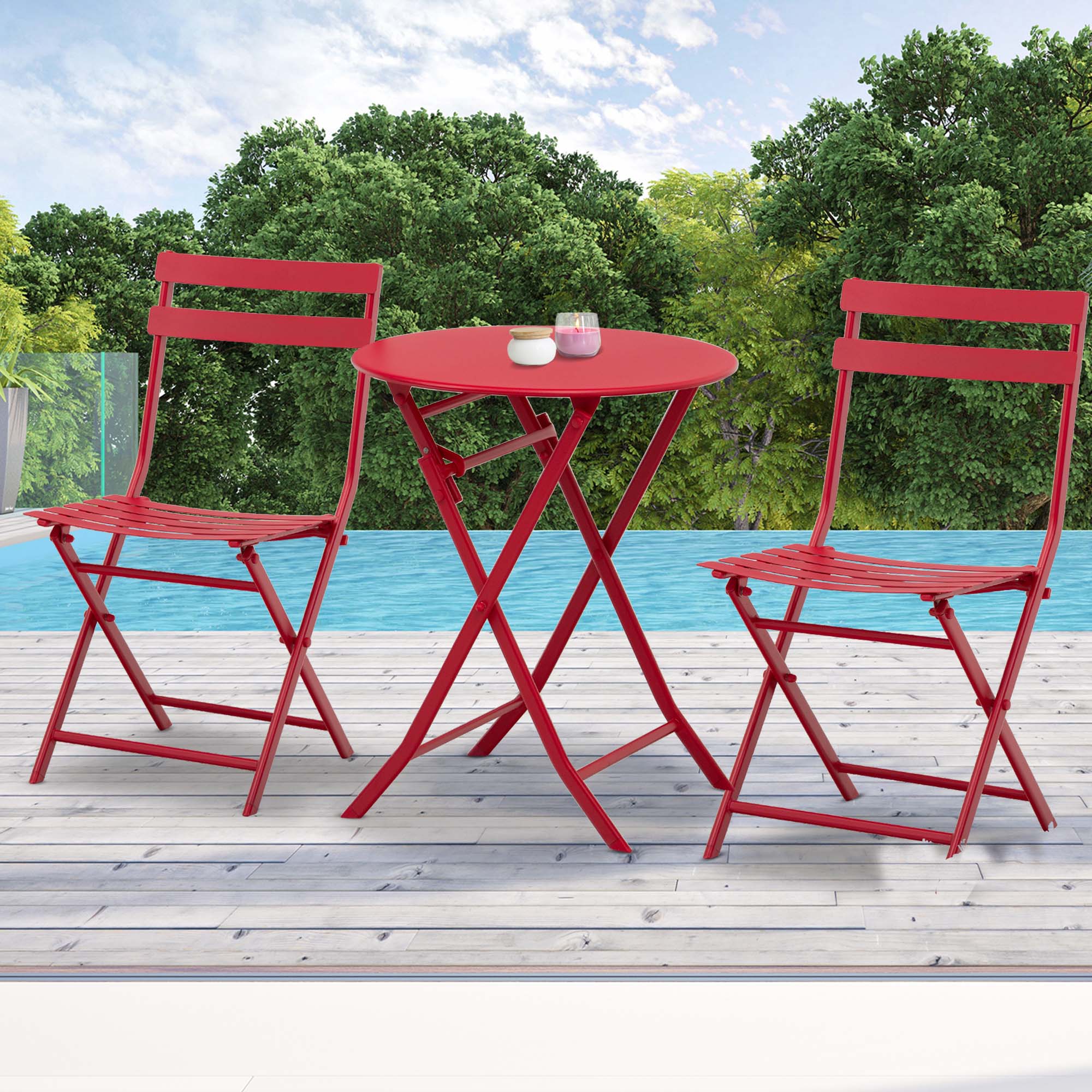 Outsunny Bistro-Gartenmöbelset klappbar - runder Tisch Ø 60 cm mit 2 klappbaren Stühlen - rotes pulverbeschichtetes Metall