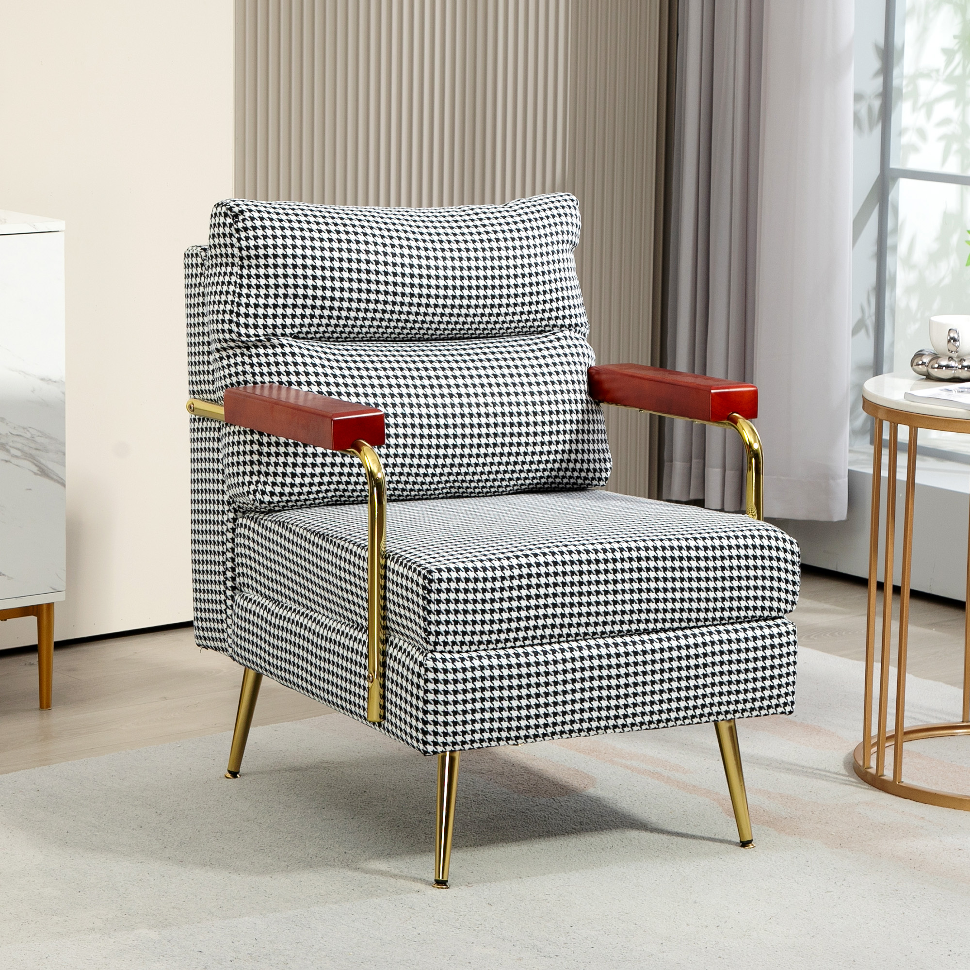 HOMCOM Sessel im Retrodesign, Akzentsessel, Hahnentrittmuster, Holzemelente, Federkern, Schwarz + Weiß