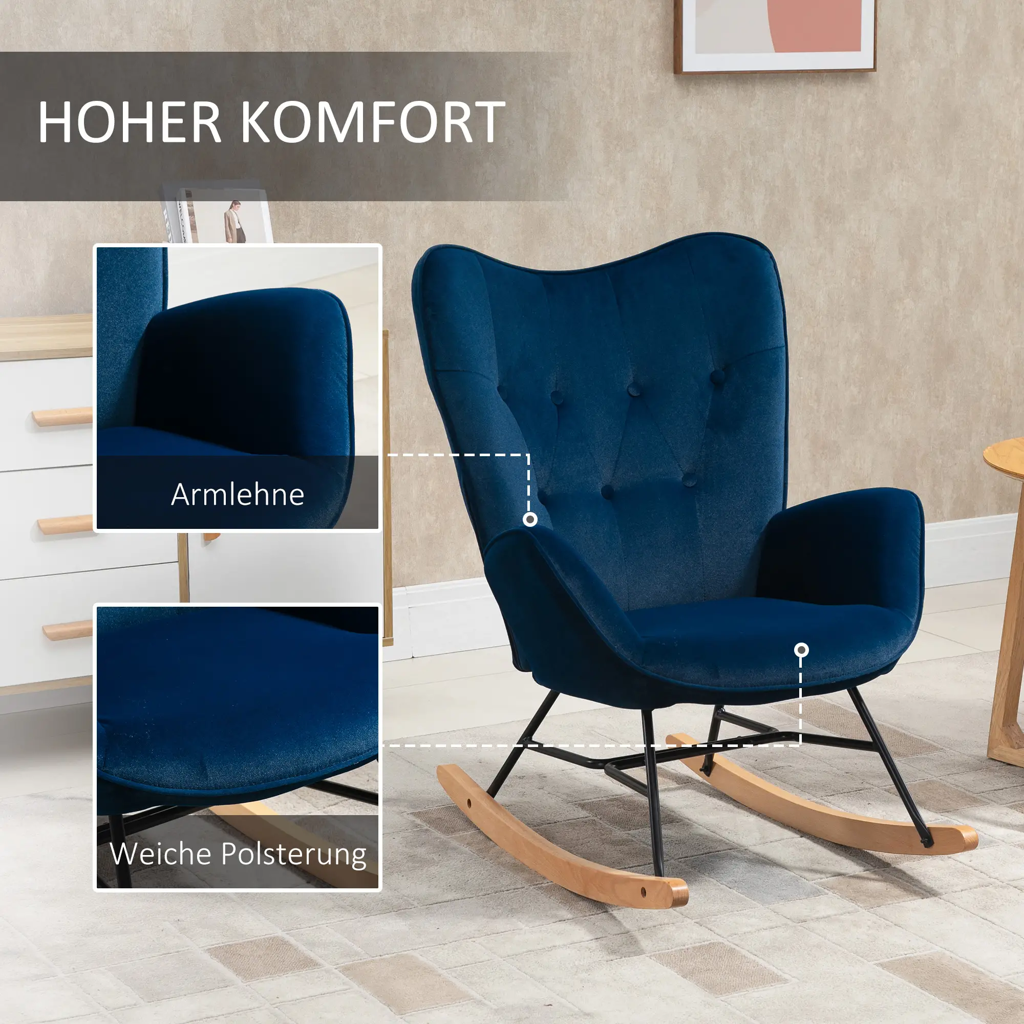 HOMCOM Schaukelstuhl skandinavisch hohe Rückenlehne Samtoptik Blau
