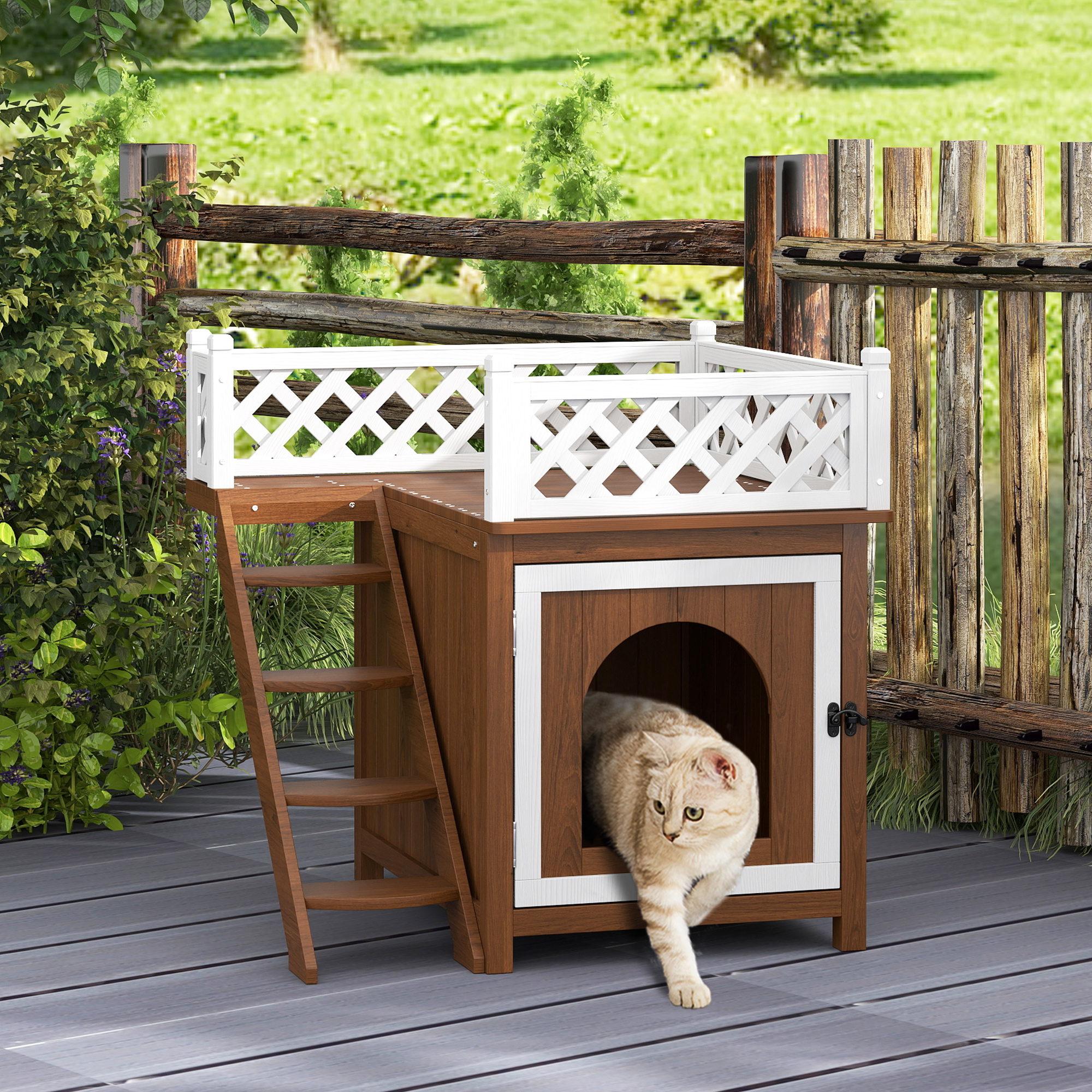 PawHut Katzenhaus, zweistöckig, mit Balkon und Treppe, für drinnen und draußen, für Katzen und Kaninchen, Tannenholz, Braun