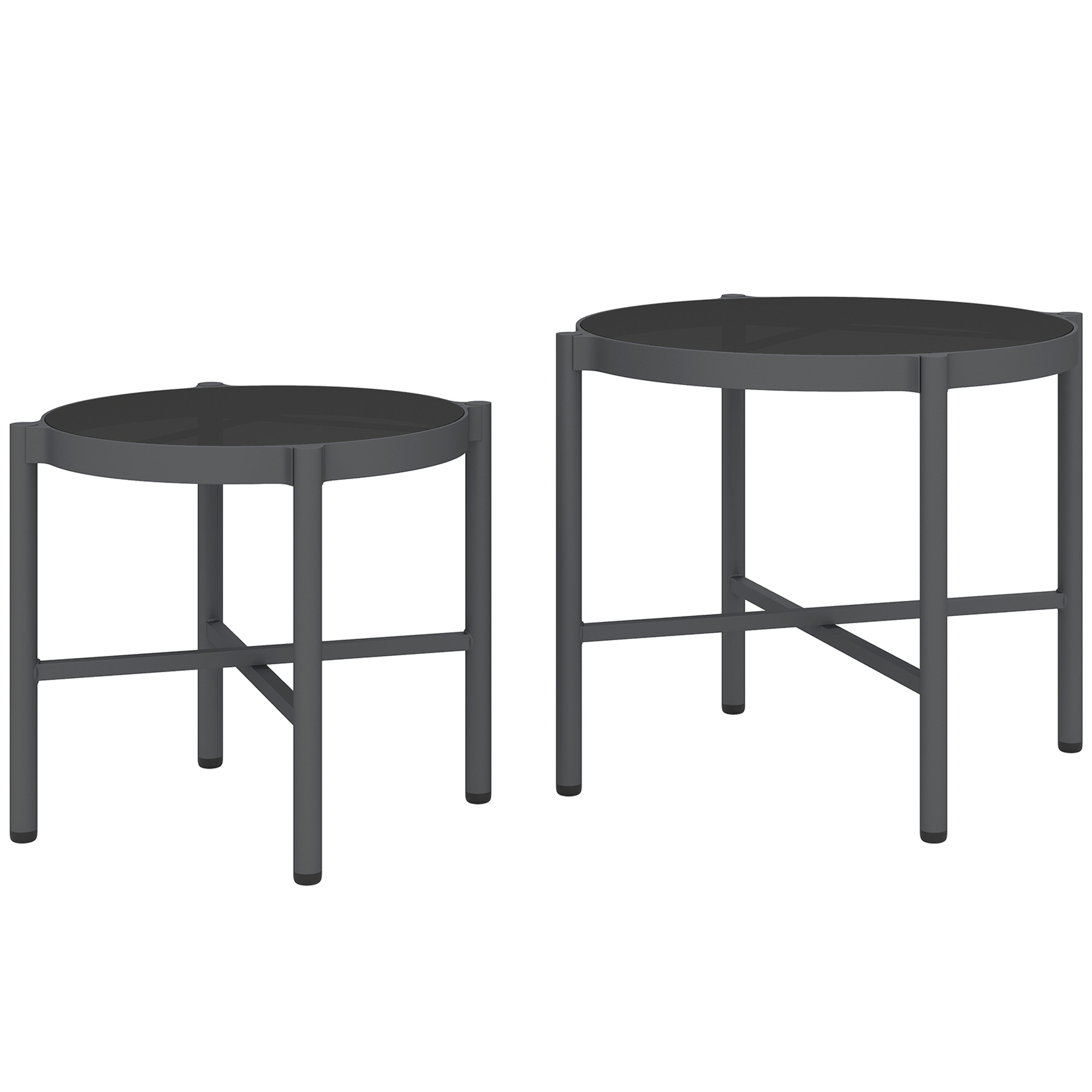 Outsunny Set aus 2 Garten-Couchtischen mit gehärteter Glasplatte, schwarzem Aluminiumgestell