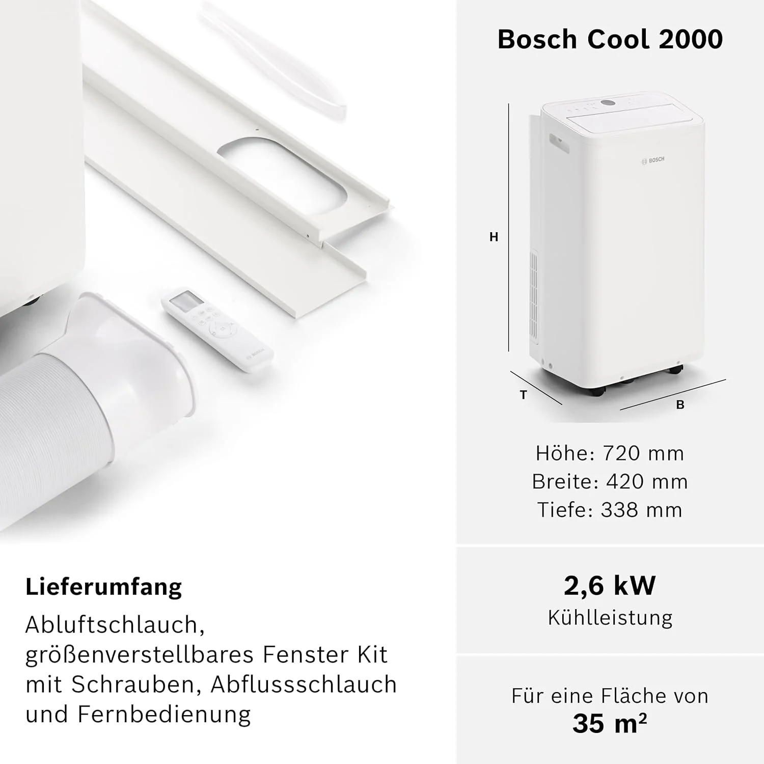 Bosch Cool 4000 Mobiele airconditioner - 3-in-1: Airconditioner, ontvochtiger, ventilator - 2,6 kW voor ruimtes tot 35 m2 - Met automatische modus, stille modus & slaapmodus