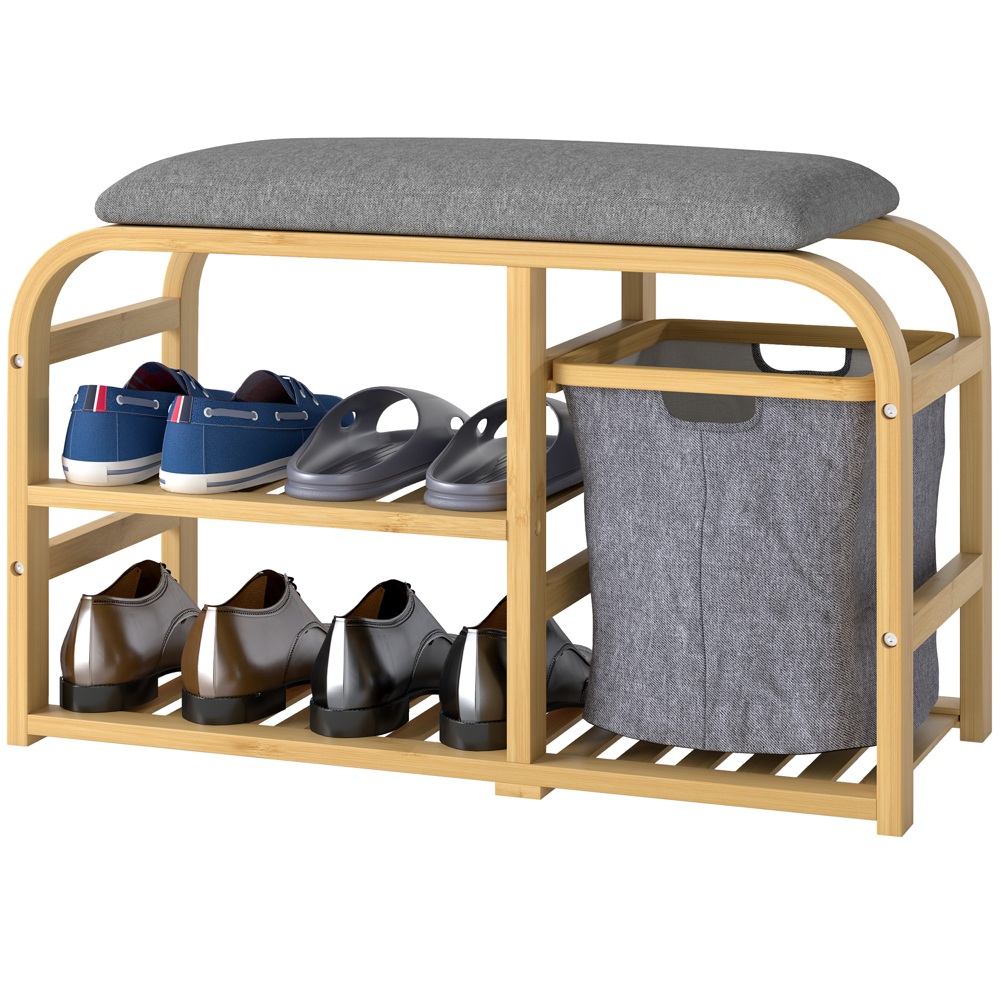 HOMCOM Schuhablagebank mit gepolsterter Sitzbank, Latten-Design und herausnehmbarem Korb, 70x30x45 cm, Holz