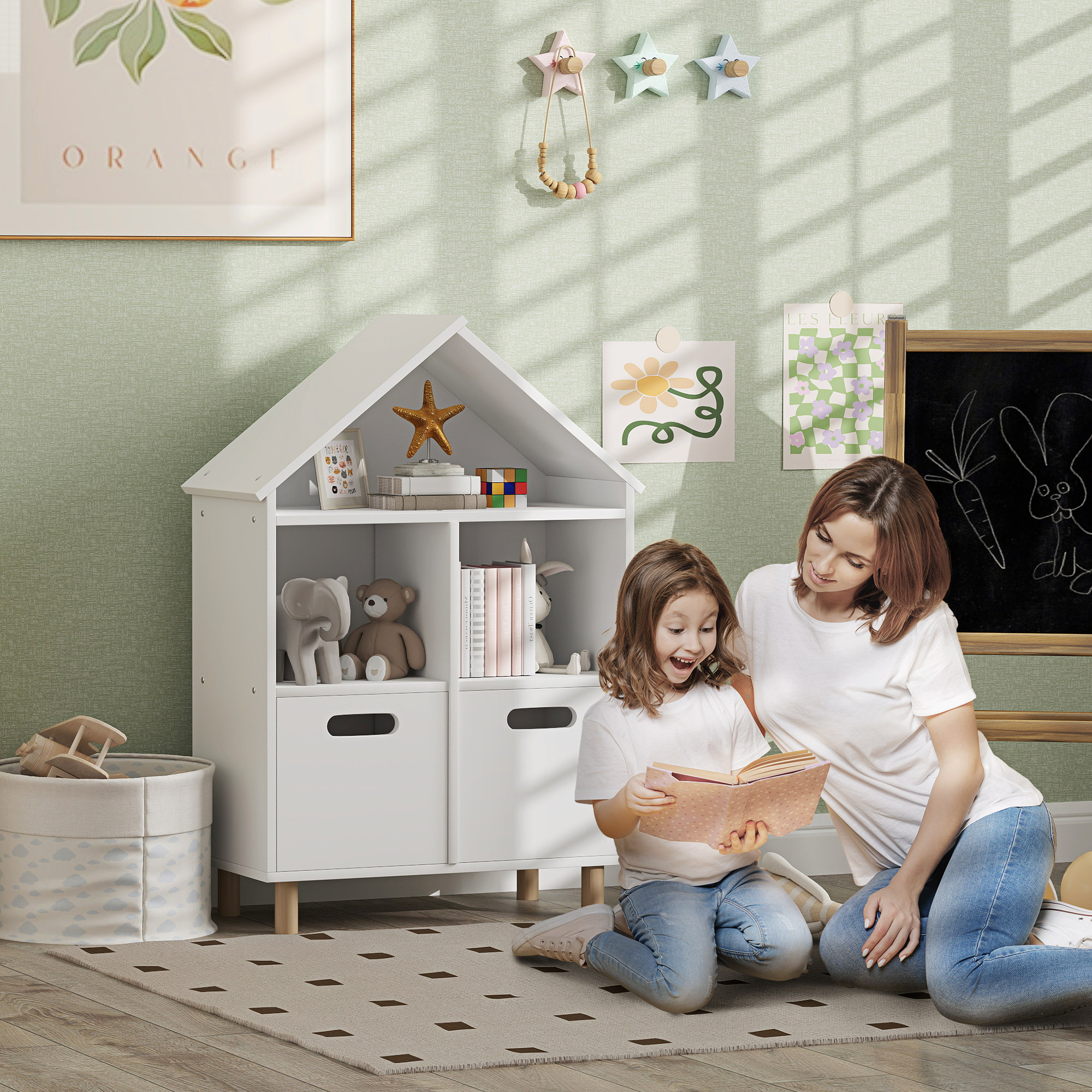 AIYAPLAY Kinderbücherregal Kinder Aufbewahrungsmöbel 3 Ebenen mit zwei Schubladen hausförmig 63,7 x 29,7 x 89 cm weiß