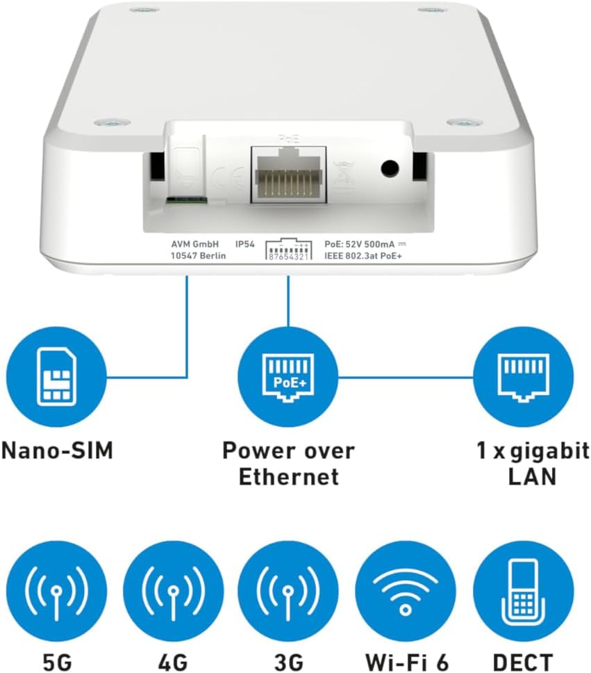 FRITZ!Box 6860 5G Edition International – Router 5G/LTE fino a 1.300 Mbit/s, Wi-Fi 6 fino a 3.000 Mbit/s, Power over Ethernet (PoE+), resistente a polvere e spruzzi, base DECT e Mesh