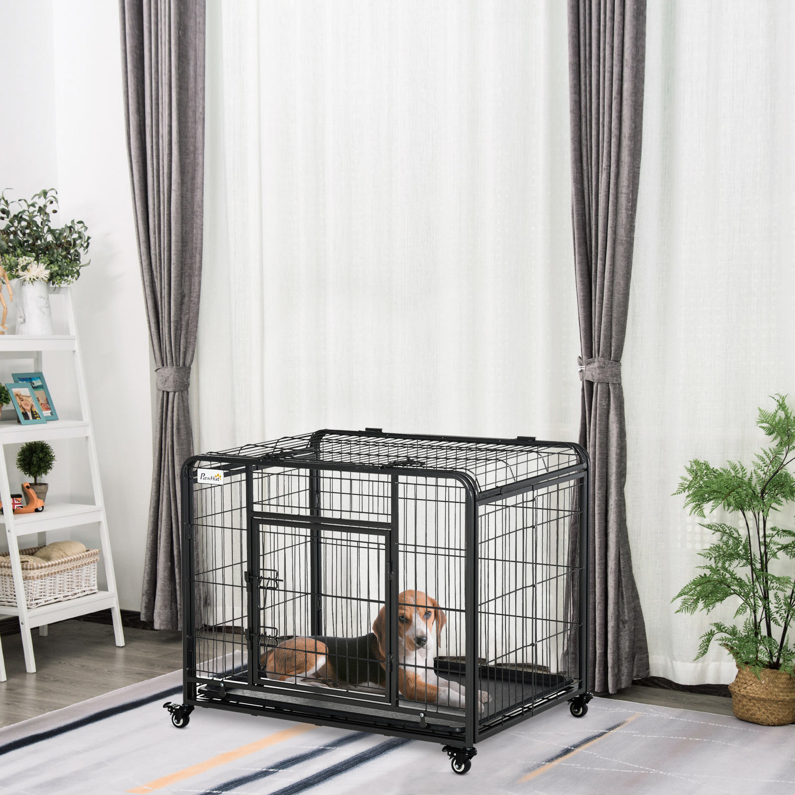 PawHut Transportbox auf 4 Rollen 94 cm x 58 cm x 69,5 cm Metall, PP, Schwarz