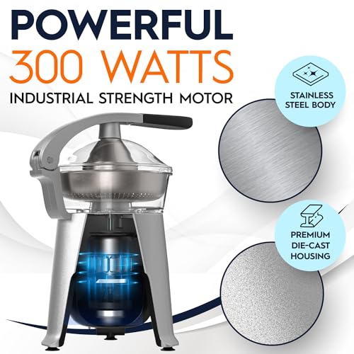 Eurolux Die Cast Stainless Steel Electric Citrus Juicer Squeezer, for Orange, Lemon, Grapefruit | 300 Watts of Power, With 2 Stainless Steel Filter Sizes for Pulp Control: Home & Kitchen
