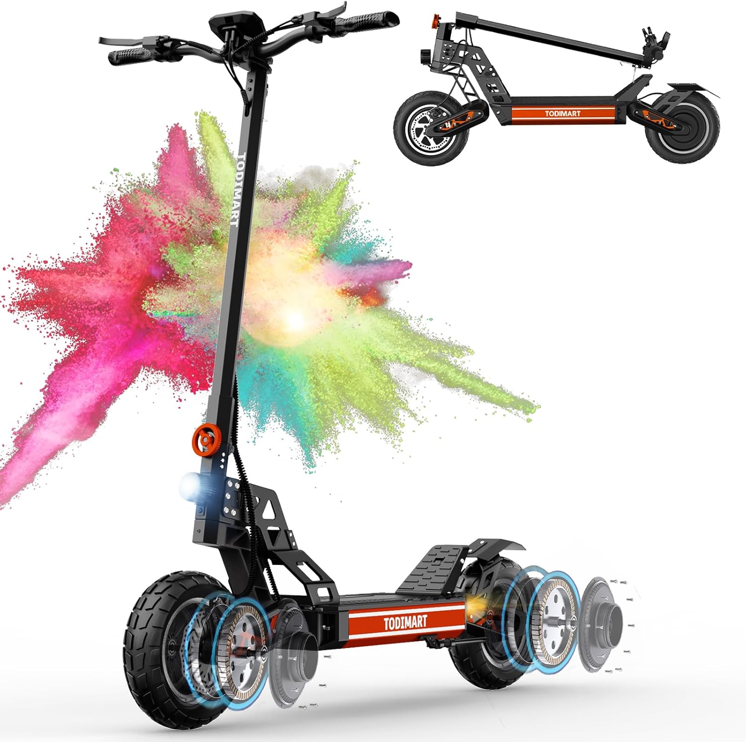 TODIMART Monopattino Elettrico Adulto, Autonomia di 45-90KM, 10.4Ah/15Ah/20.8Ah, Carico Massimo 130/150 kg, Pneumatici Da 10 Pollici, Scooter Elettrico Pieghevole