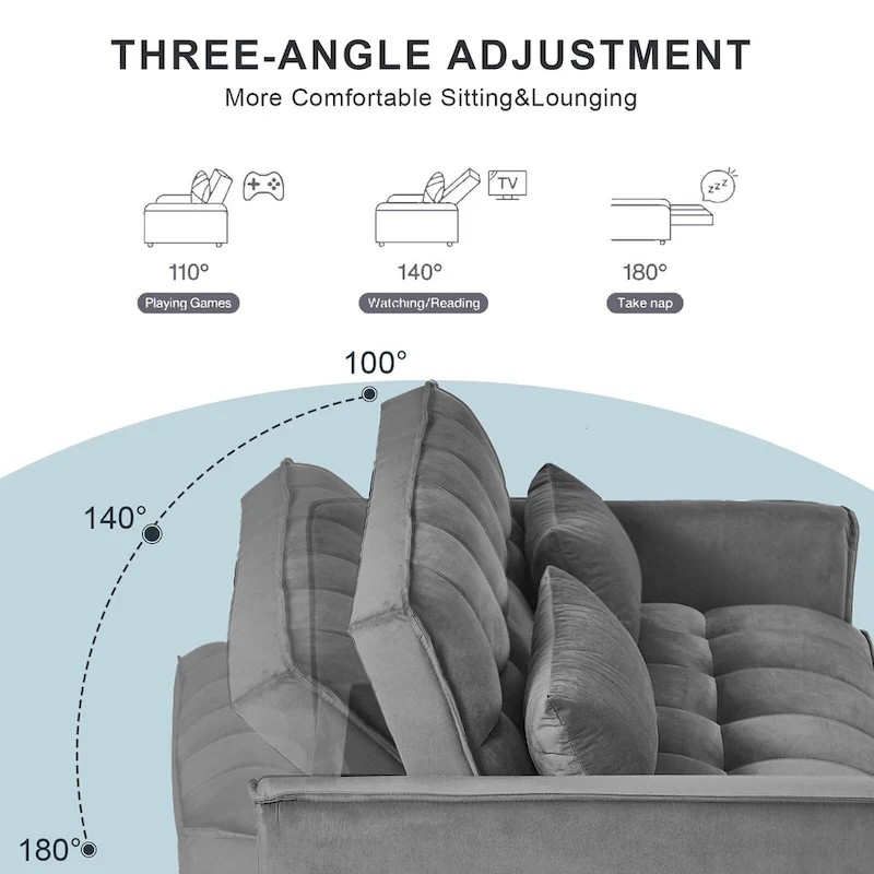 Modern Velvet Loveseat Futon Sofa Couch Pullout Bed, Small Love Seat Lounge Sofa w/Reclining Backrest, Toss Pillows, Pockets
