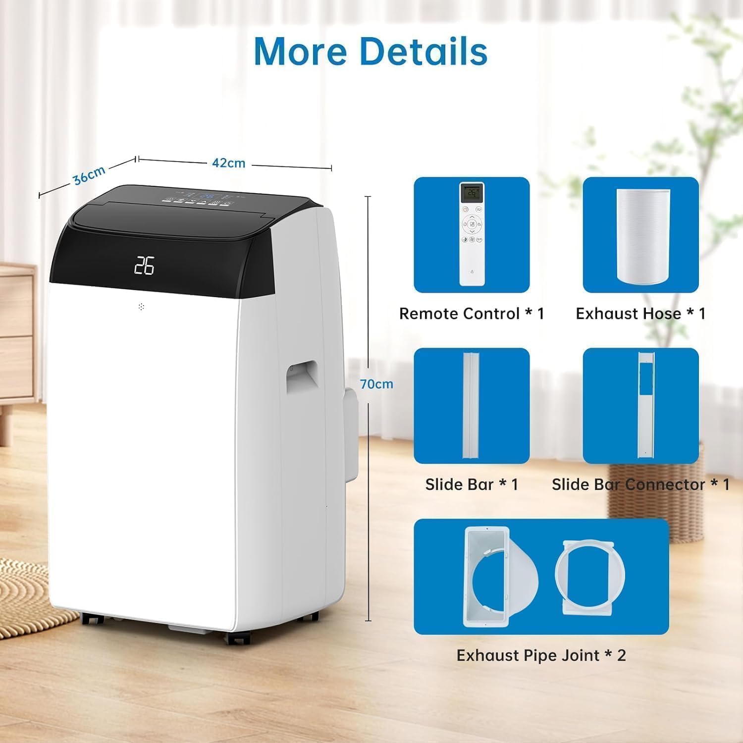 Leises 4-in-1 Mobiles Klimagerät 12000 BTU | Kühlen/Ventilieren/Entfeuchten/Follow-Me | Für Räume Bis 43–51㎡ Abluftschlauch+Digitaldisplay+Fernbedienung+24h-Timer | Ideal Für Schlafzimmer & Büro